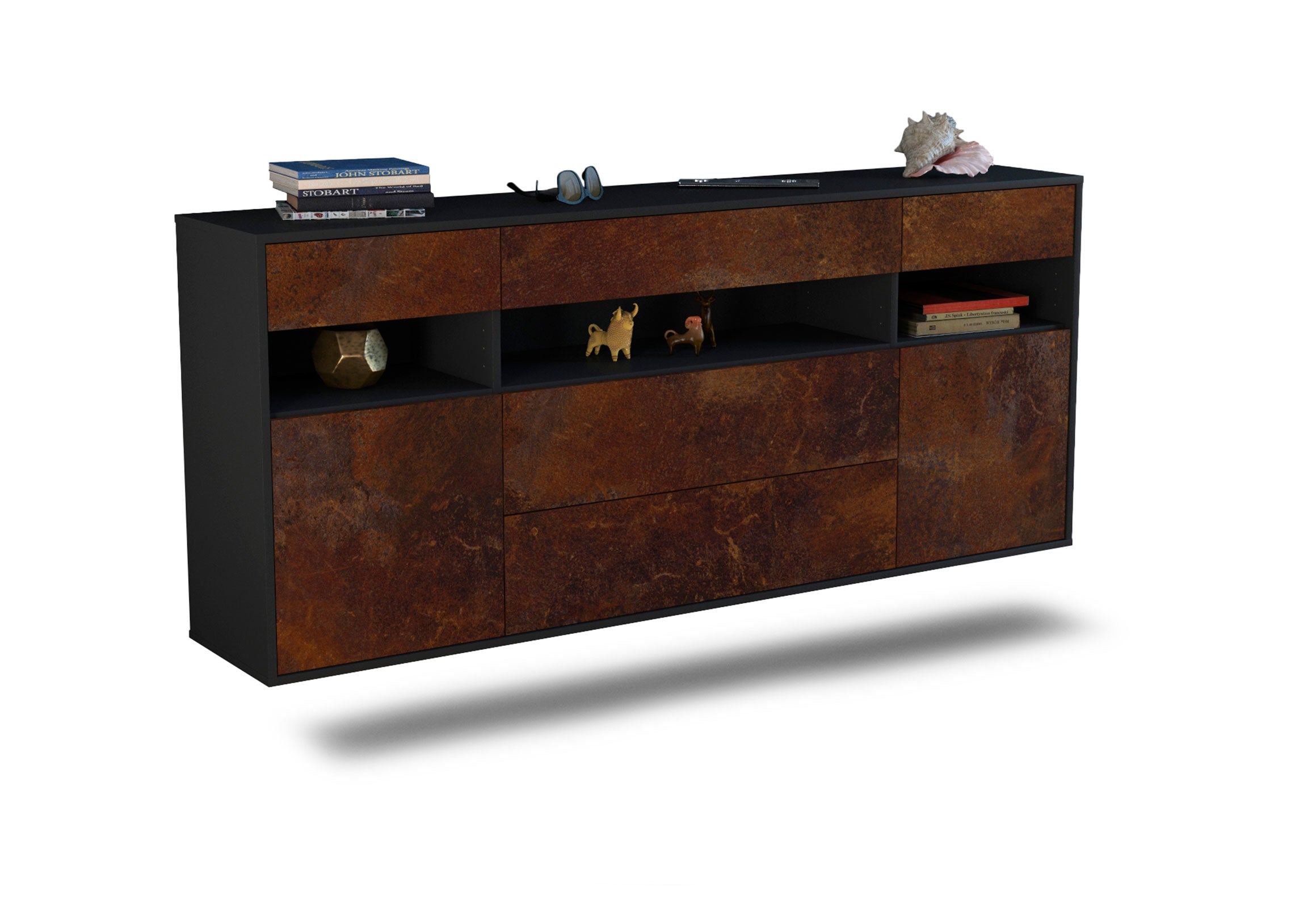 Sideboard - Floria - Design Industrie Stil - Wandmontage mit Push to Open 180 cm Anthrazit