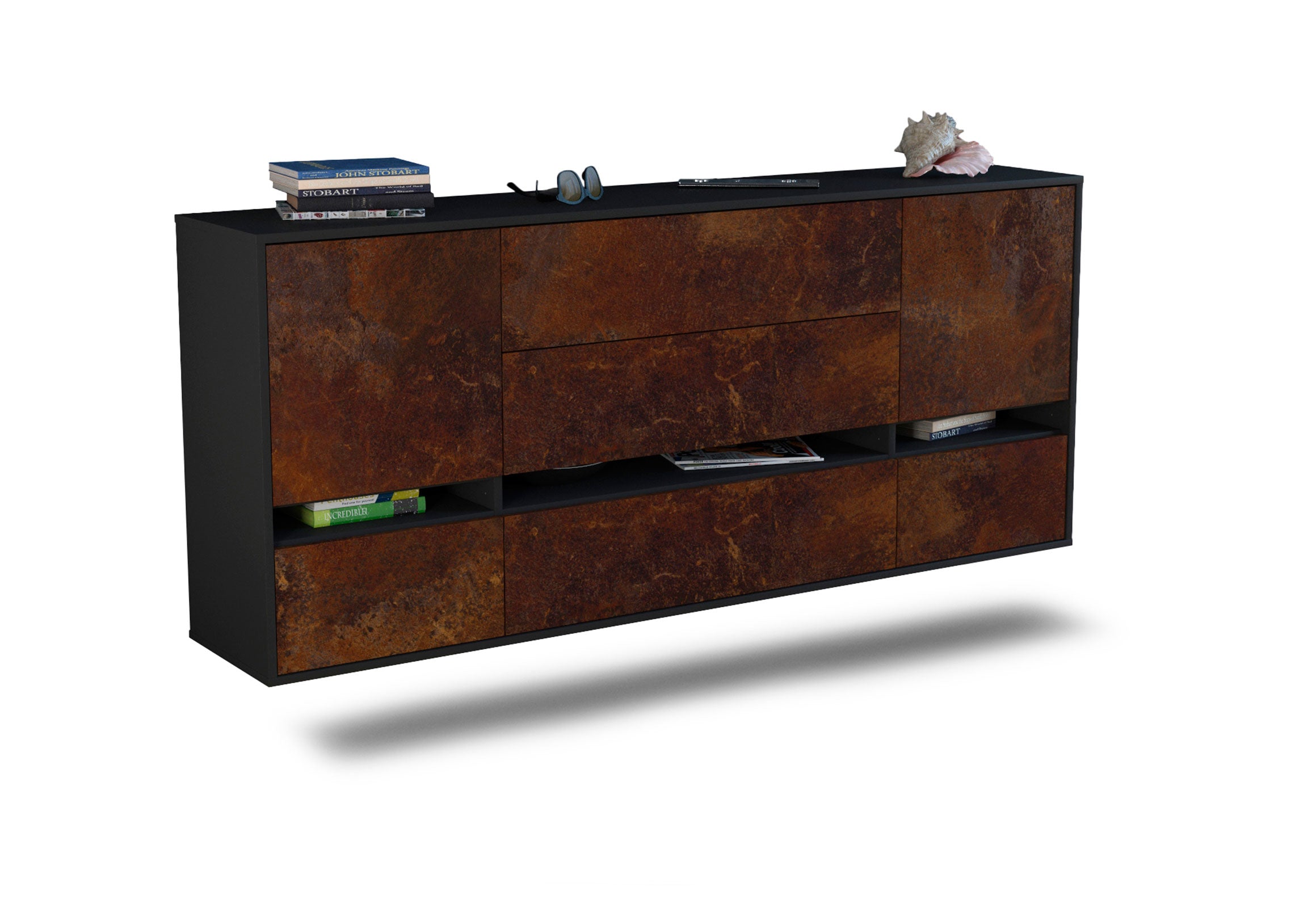 Sideboard - Floriana - Design Industrie Stil - Wandmontage mit Push to Open 180 cm Anthrazit