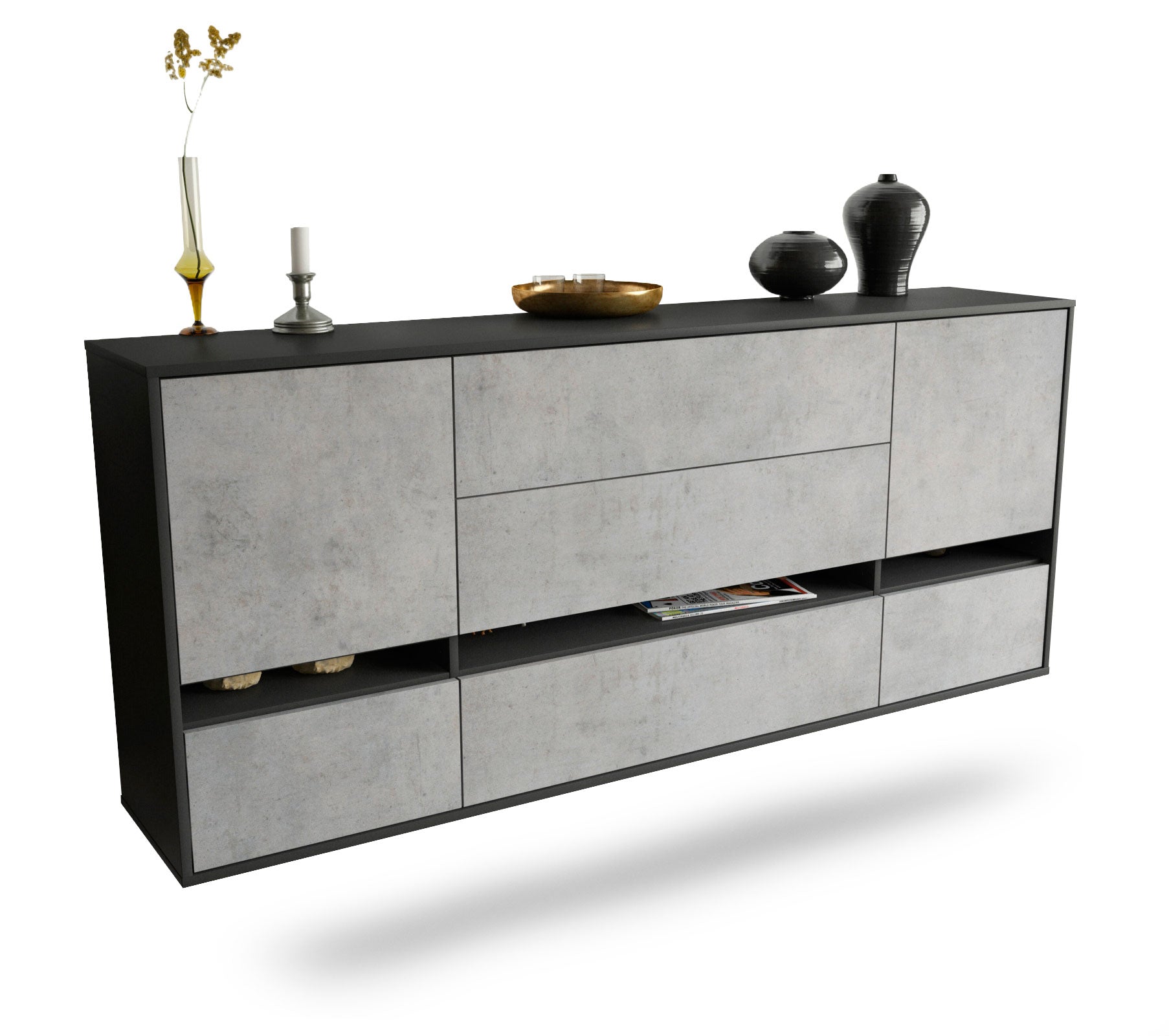 Sideboard - Floriana - Design Industrie Stil - Wandmontage mit Push to Open 180 cm Anthrazit