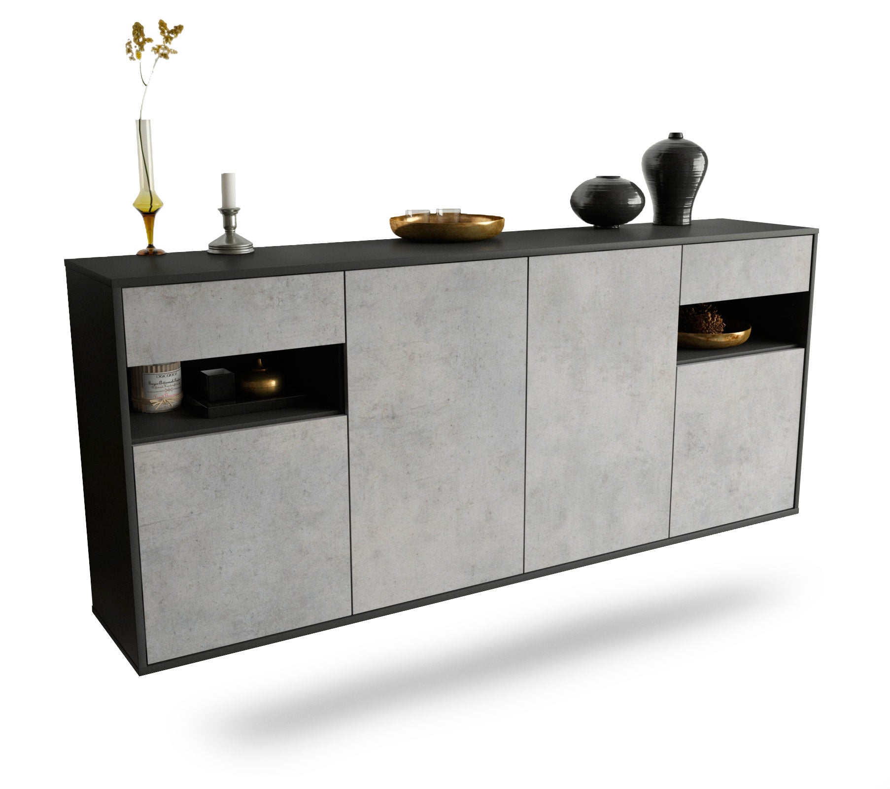 Sideboard - Franca - Design Industrie Stil - Wandmontage mit Push to Open 180 cm Anthrazit