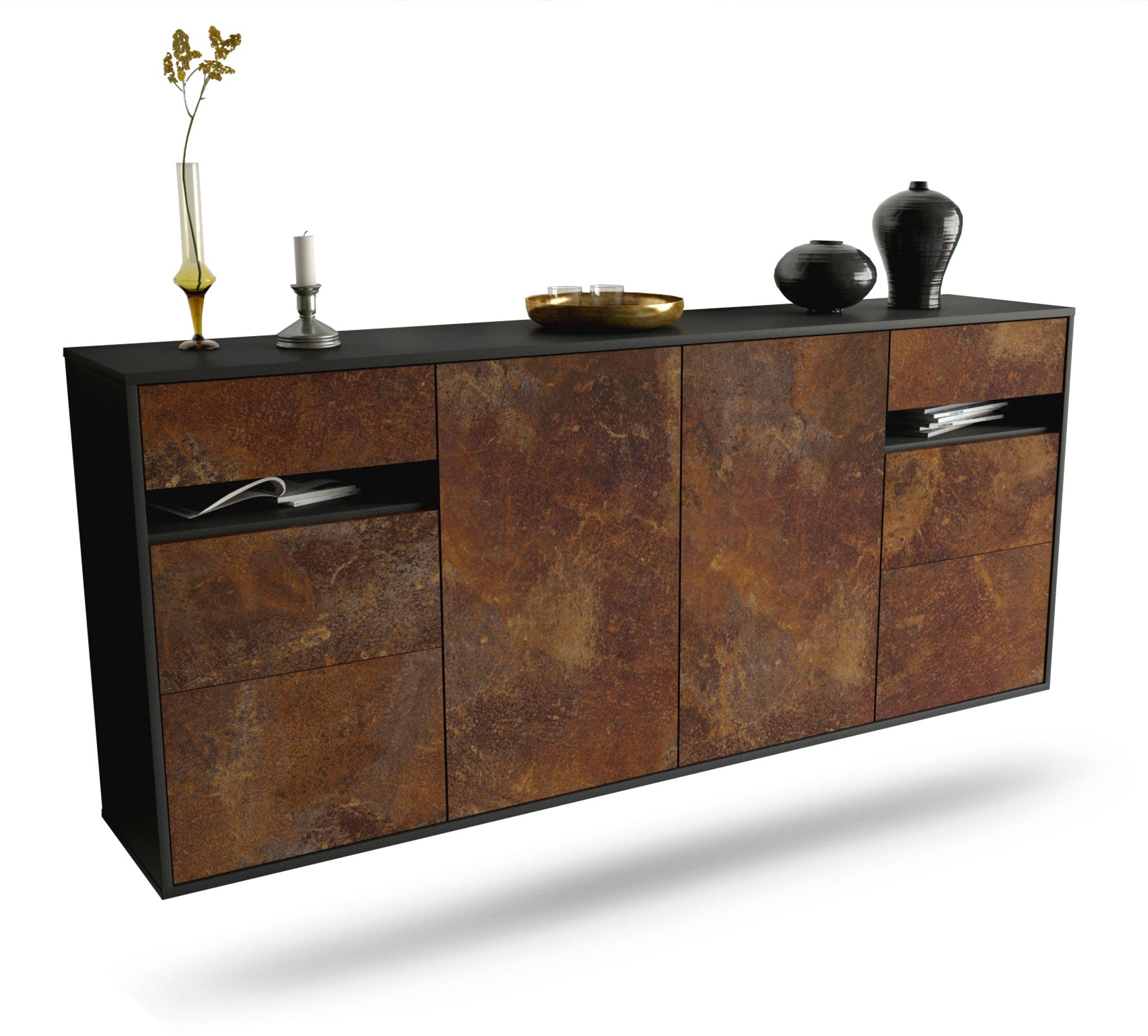 Sideboard - Francesca - Design Industrie Stil - Wandmontage mit Push to Open 180 cm Anthrazit