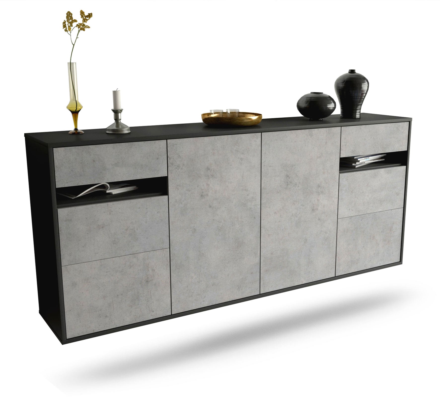 Sideboard - Francesca - Design Industrie Stil - Wandmontage mit Push to Open 180 cm Anthrazit