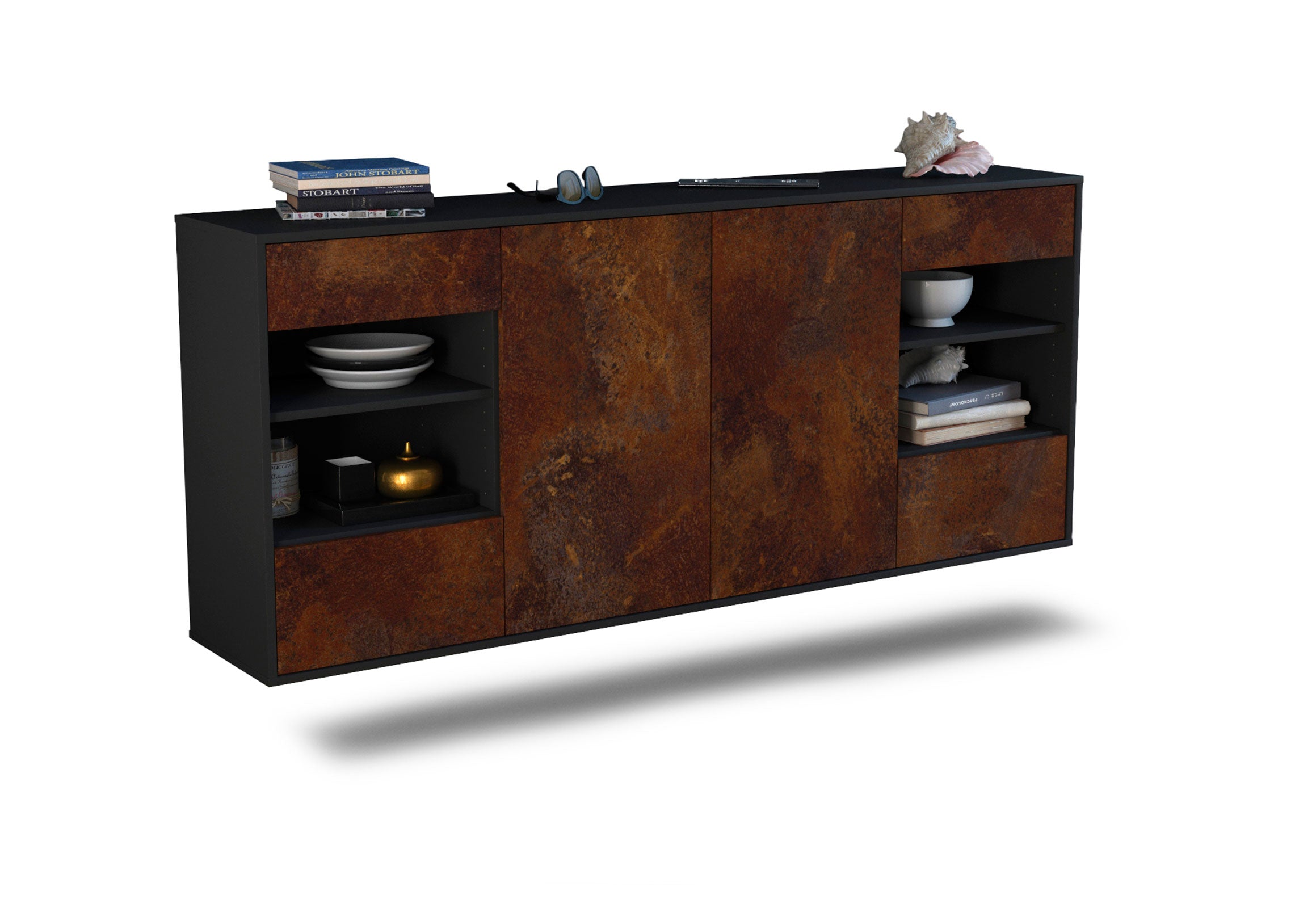 Sideboard - Franka - Design Industrie Stil - Wandmontage mit Push to Open 180 cm Anthrazit