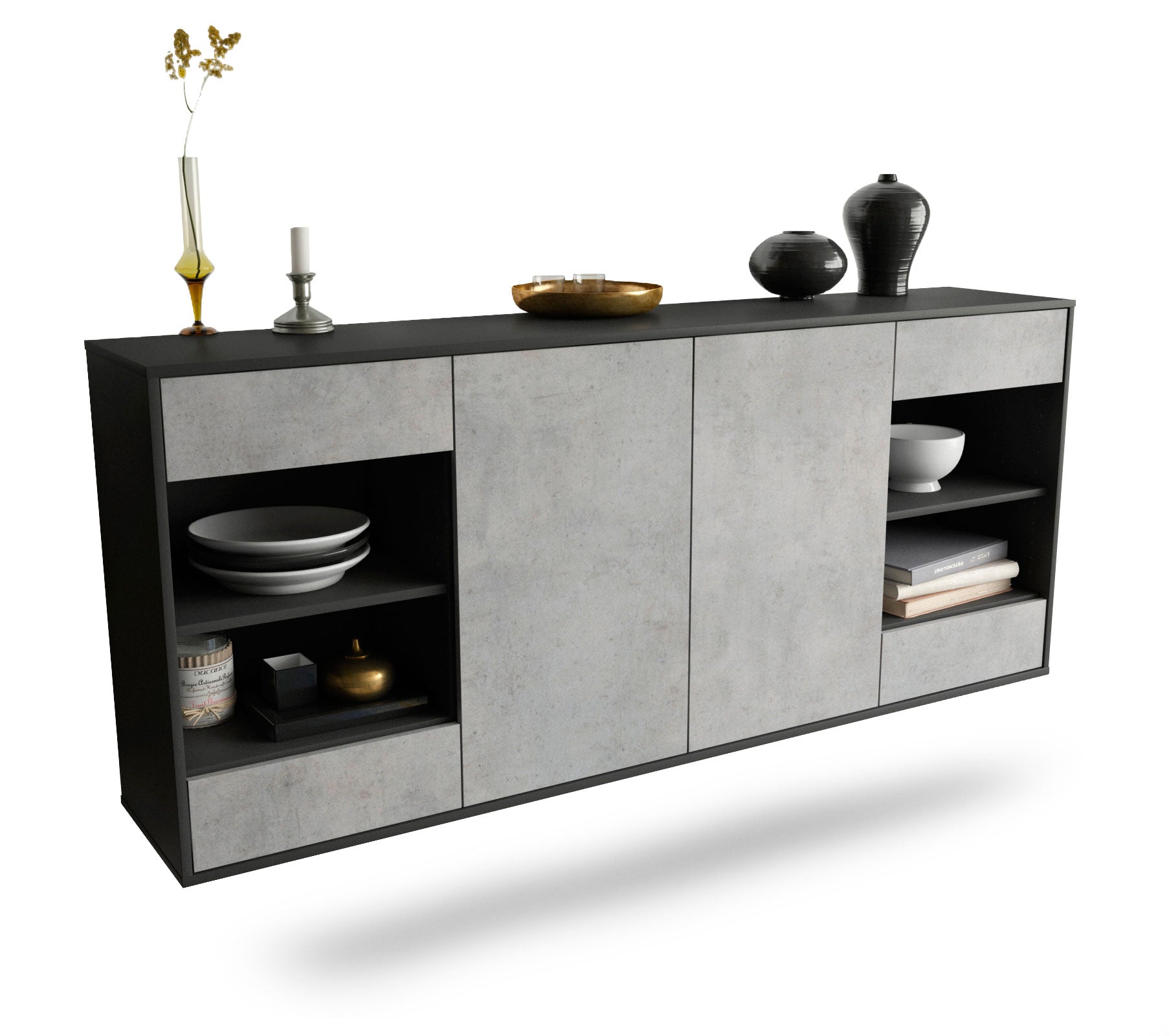 Sideboard - Franka - Design Industrie Stil - Wandmontage mit Push to Open 180 cm Anthrazit