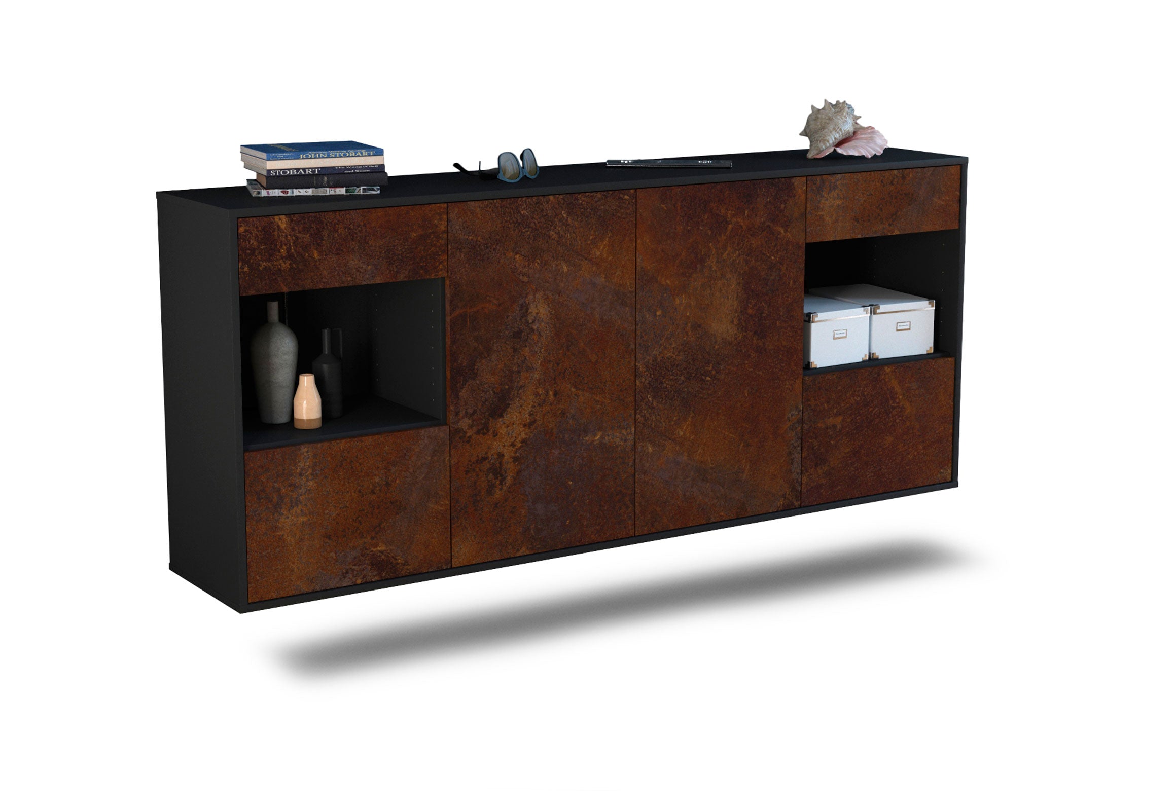 Sideboard - Gabriella - Design Industrie Stil - Wandmontage mit Push to Open 180 cm Anthrazit