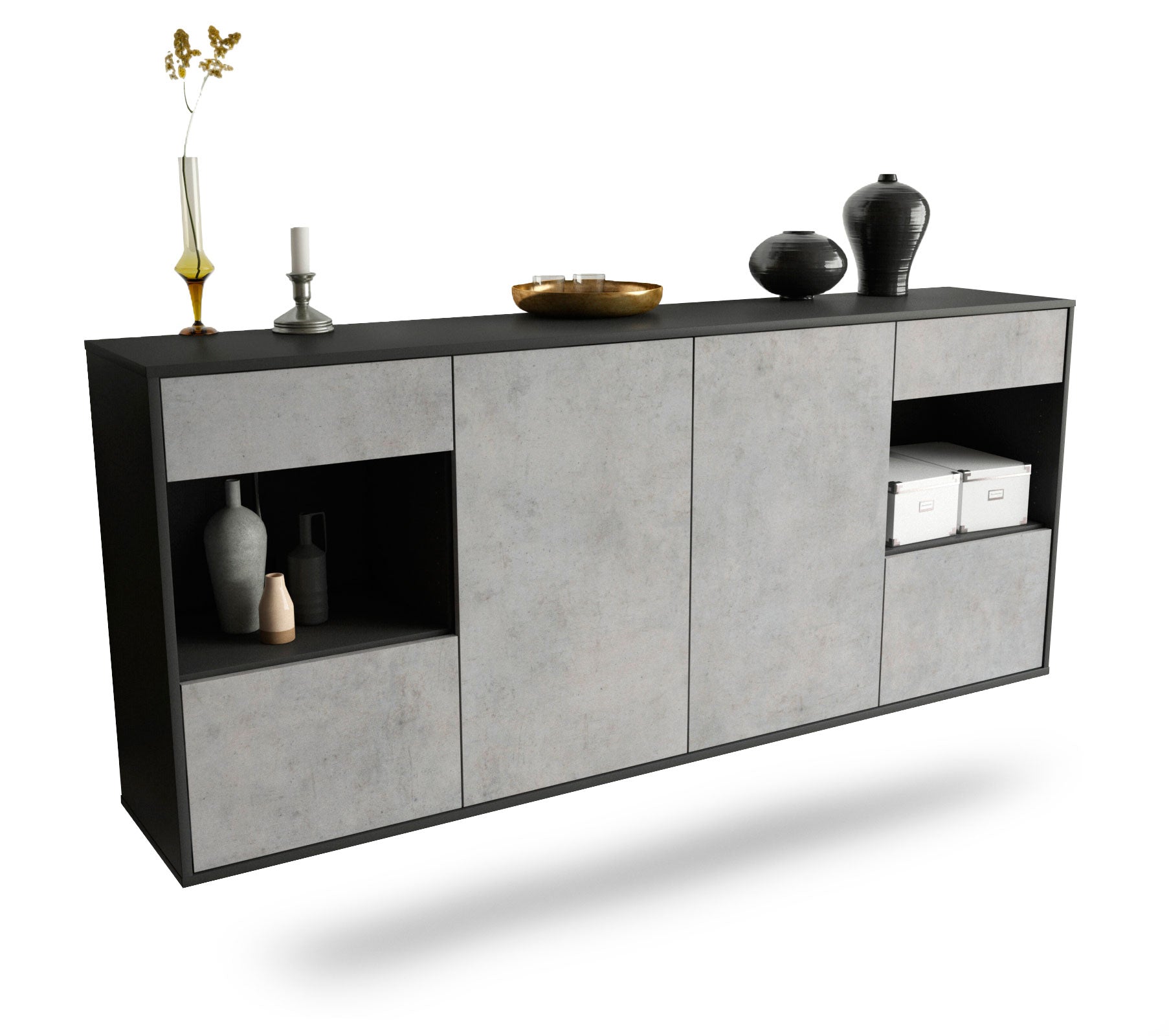 Sideboard - Gabriella - Design Industrie Stil - Wandmontage mit Push to Open 180 cm Anthrazit