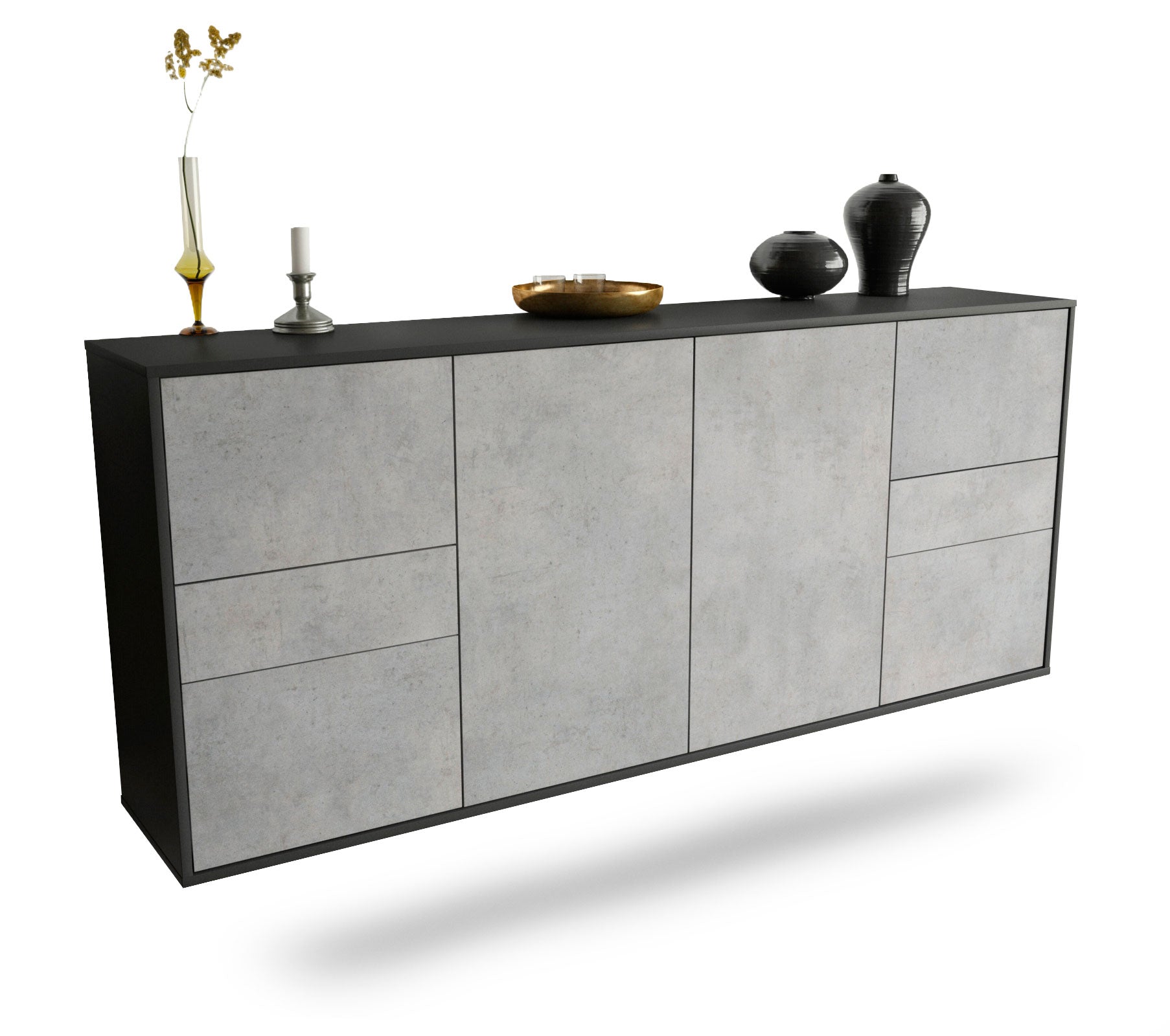 Sideboard - Gemma - Design Industrie Stil - Wandmontage mit Push to Open 180 cm Anthrazit