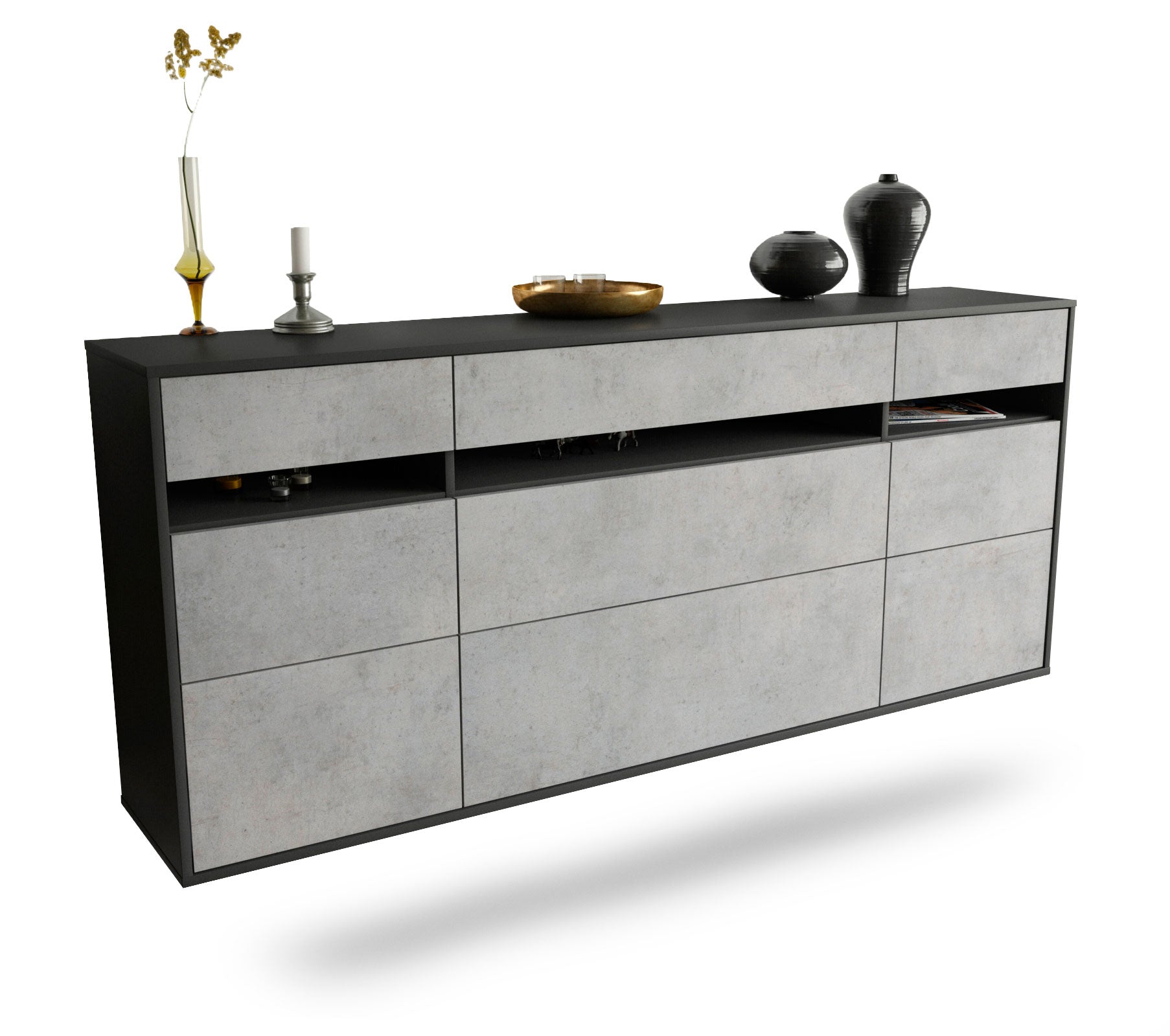 Sideboard - Giada - Design Industrie Stil - Wandmontage mit Push to Open 180 cm Anthrazit