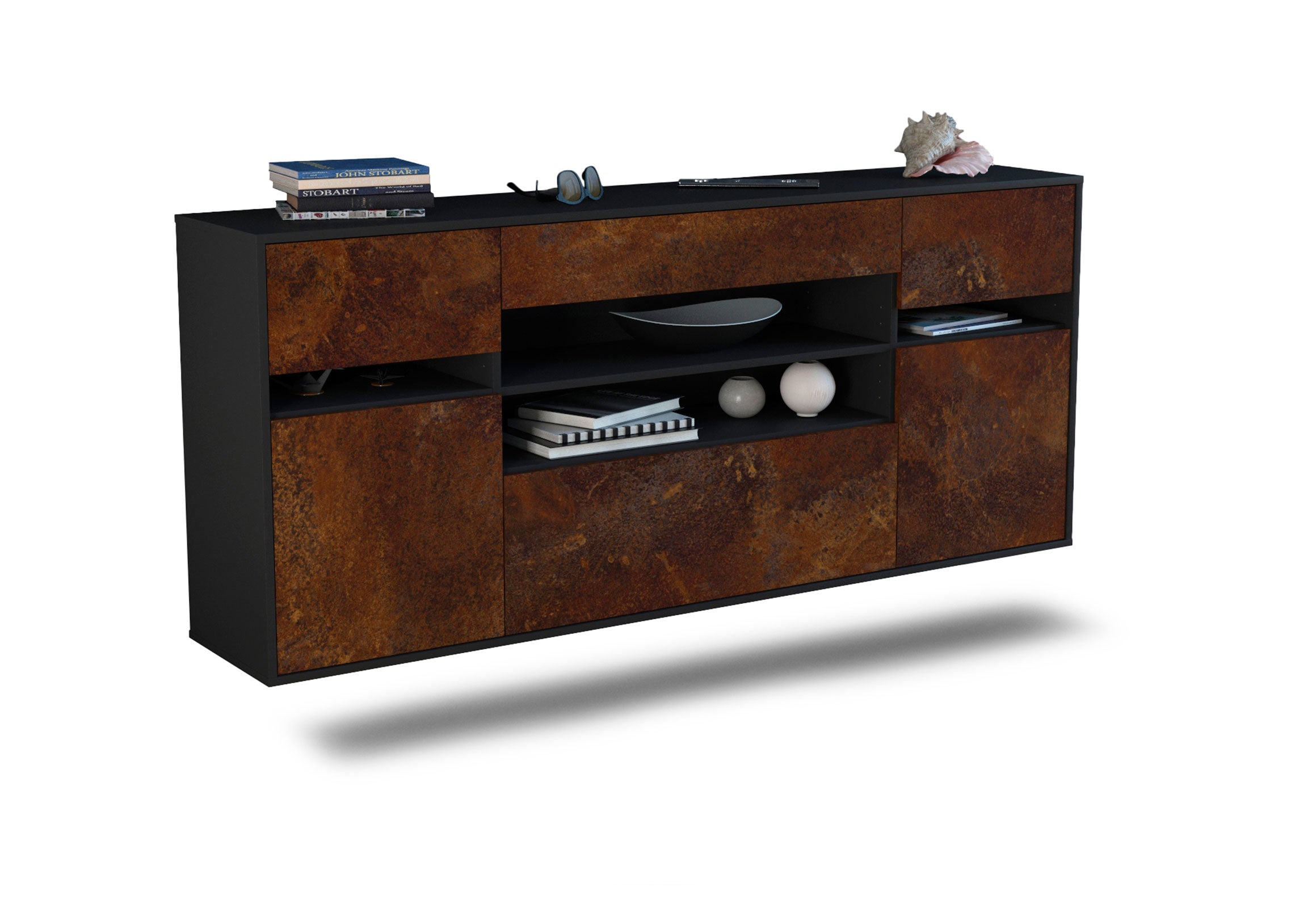 Sideboard - Gina - Design Industrie Stil - Wandmontage mit Push to Open 180 cm Anthrazit