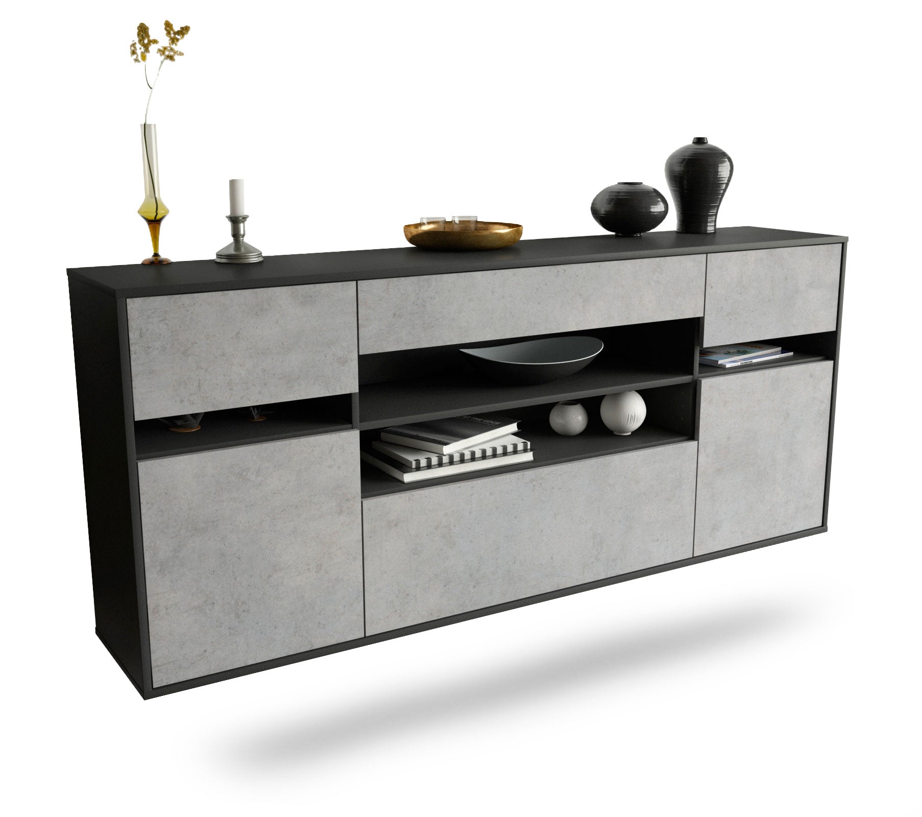 Sideboard - Gina - Design Industrie Stil - Wandmontage mit Push to Open 180 cm Anthrazit