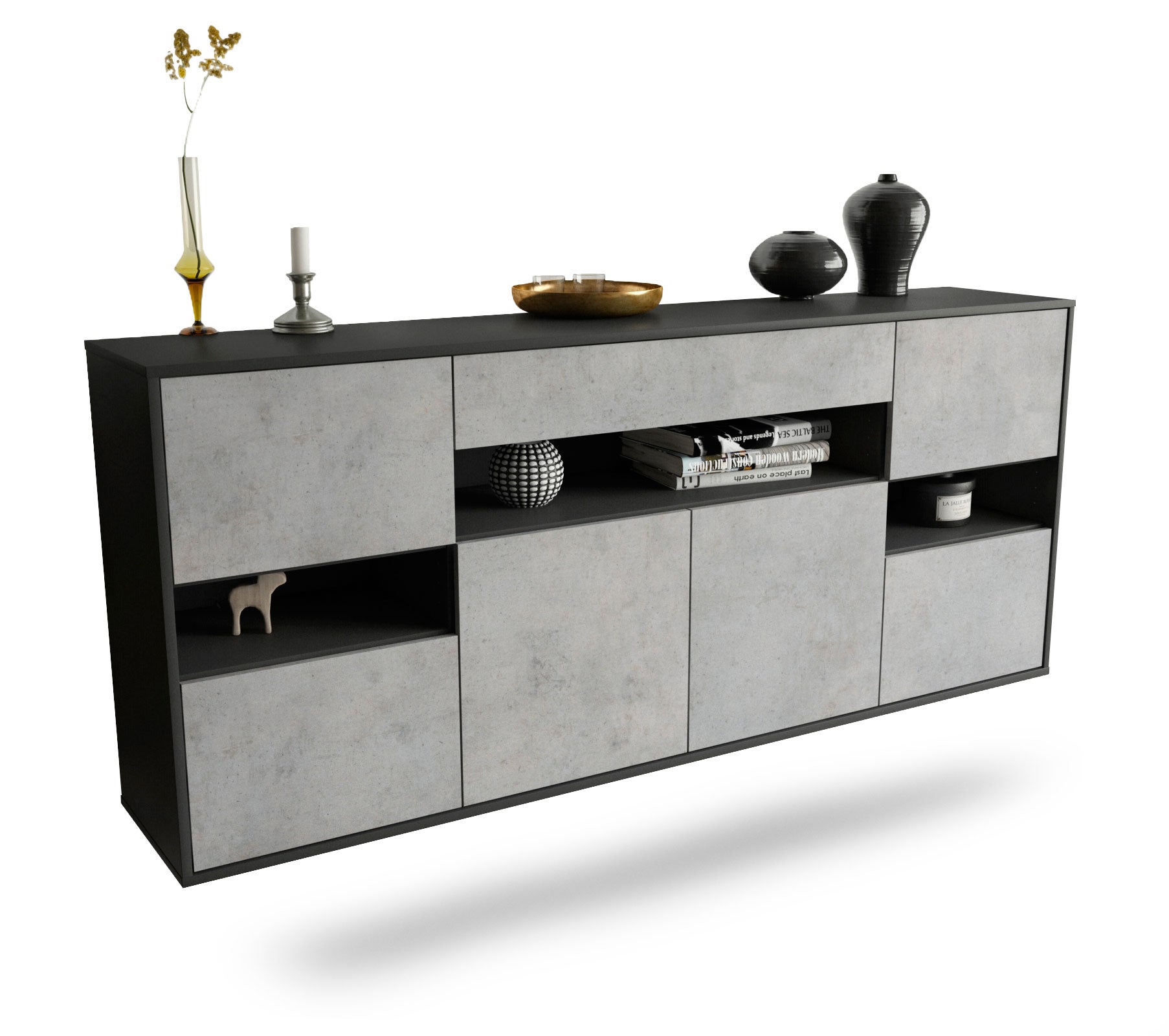 Sideboard - Ginevra - Design Industrie Stil - Wandmontage mit Push to Open 180 cm Anthrazit