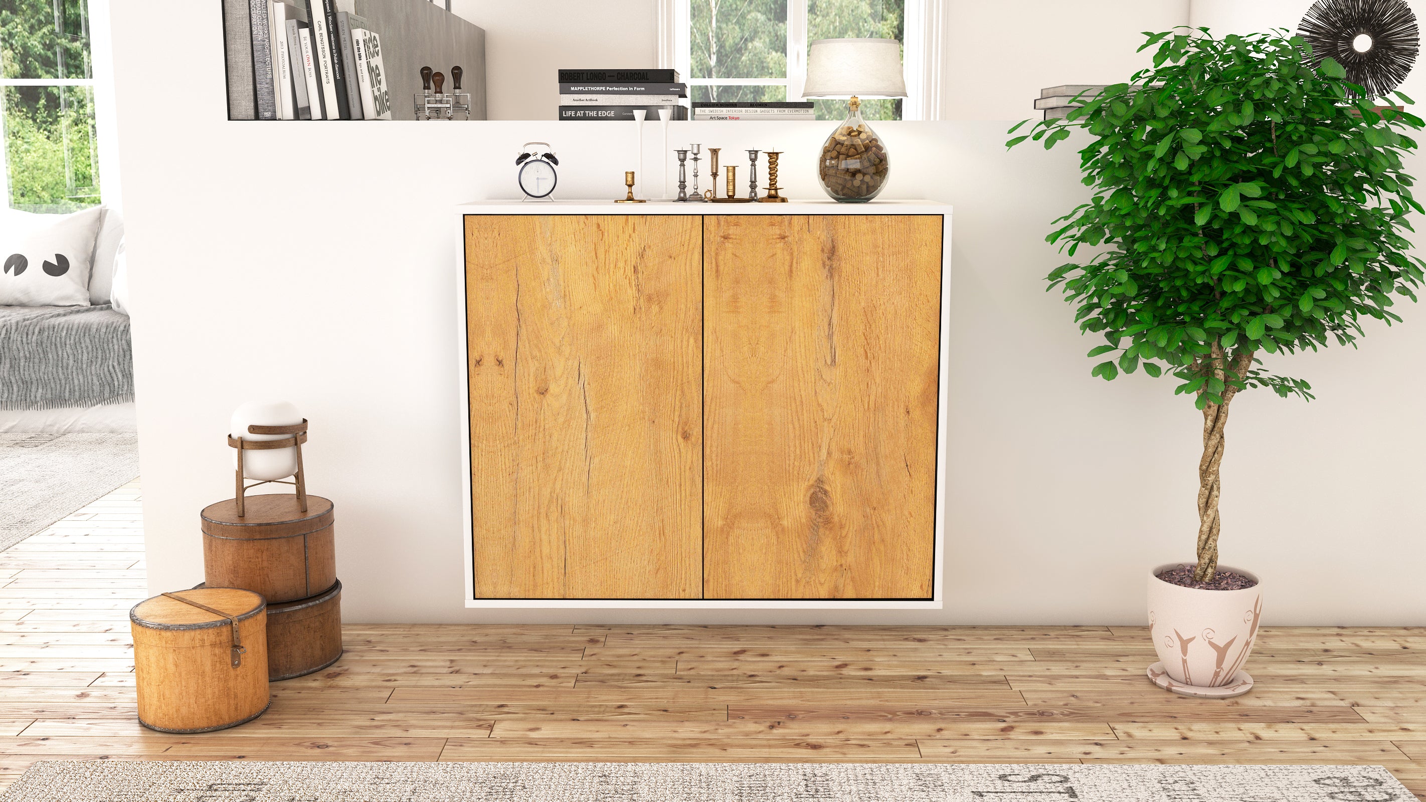 Sideboard - Blanka - Design Holzdekor - Wandmontiert mit Push to open  92 cm Weiss