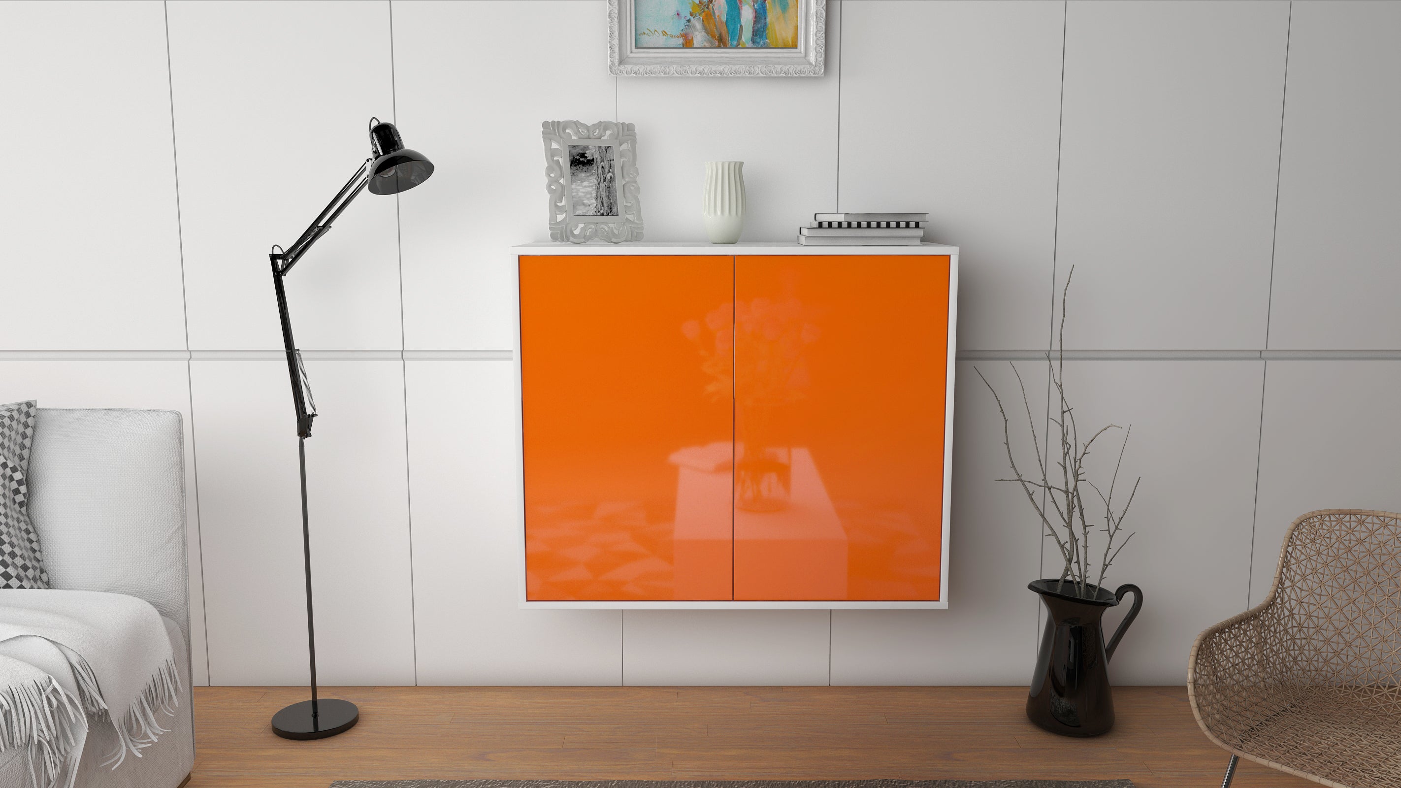 Sideboard - Blanka - Design Hochglanz - Wandmontiert mit Push to open  92 cm Weiss