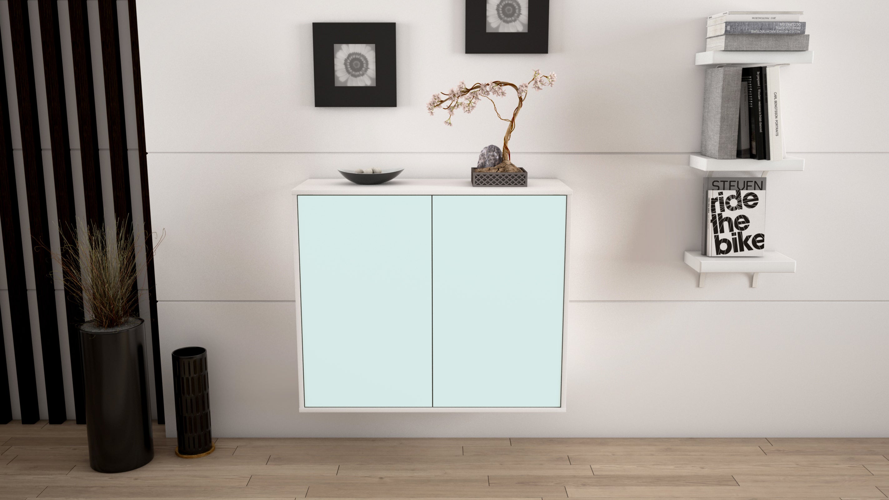 Sideboard - Blanka - Design Farbakzent - Wandmontiert mit Push to open  92 cm Weiss