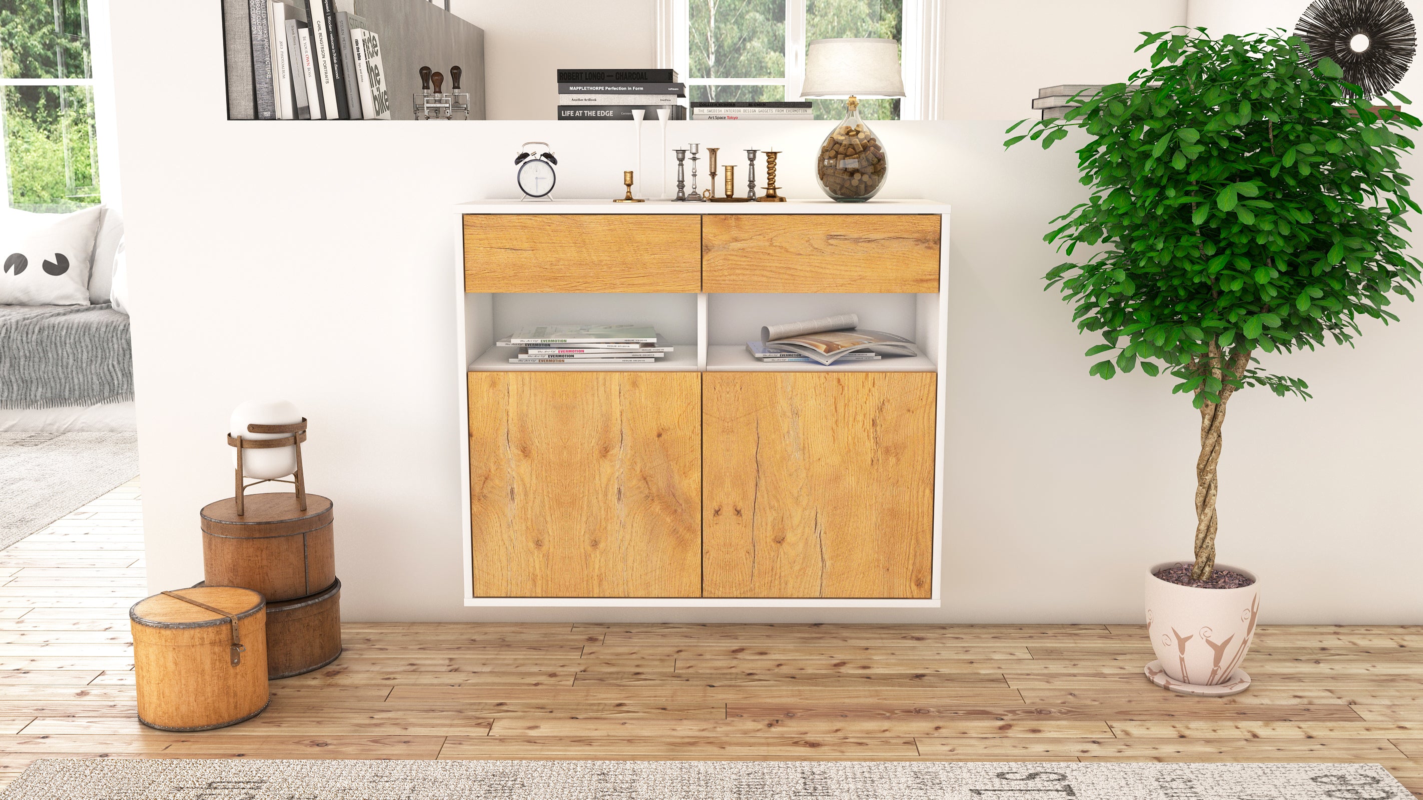 Sideboard - Bruna - Design Holzdekor - Wandmontiert mit Push to open  92 cm Weiss