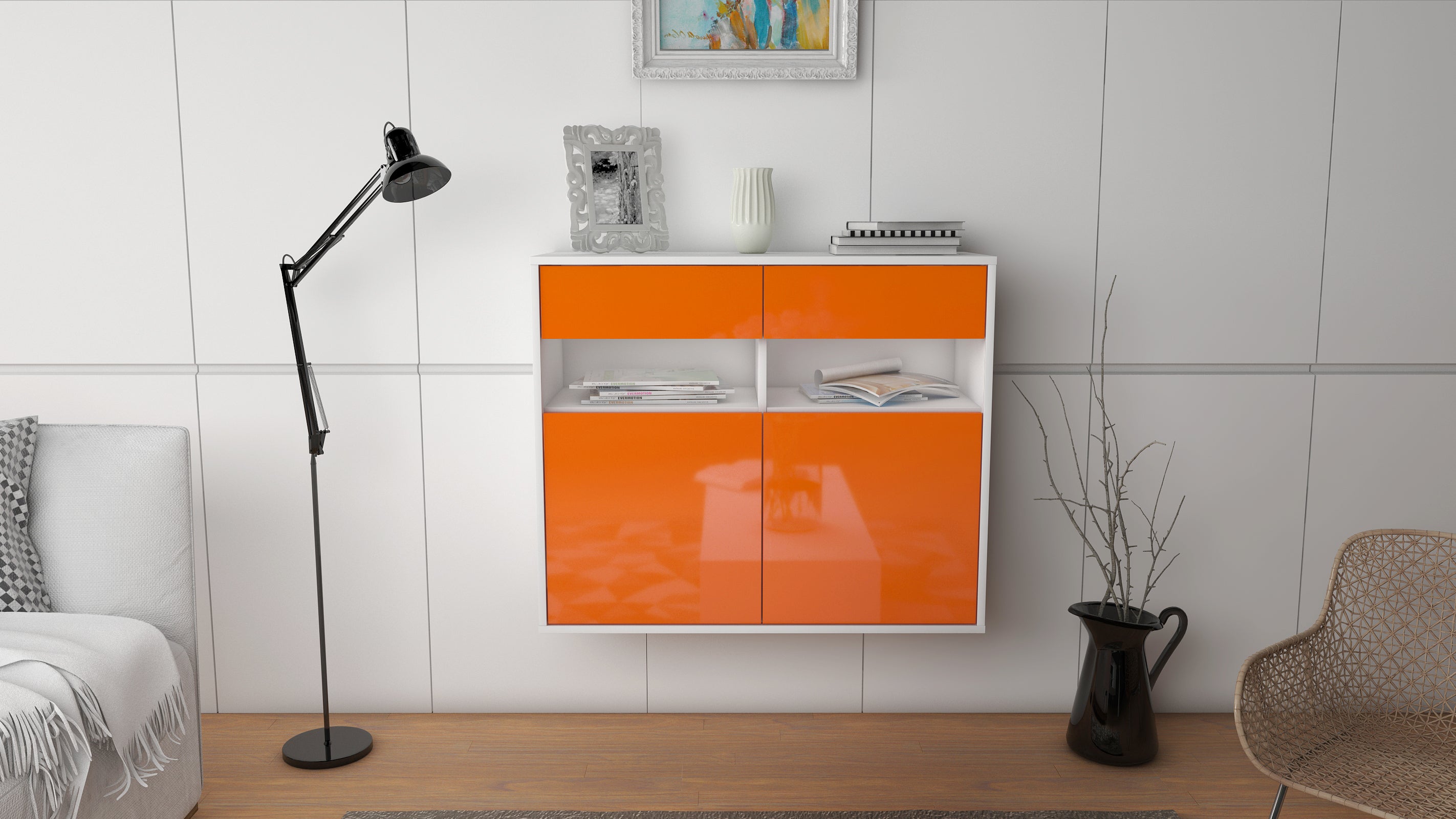 Sideboard - Bruna - Design Hochglanz - Wandmontiert mit Push to open  92 cm Weiss