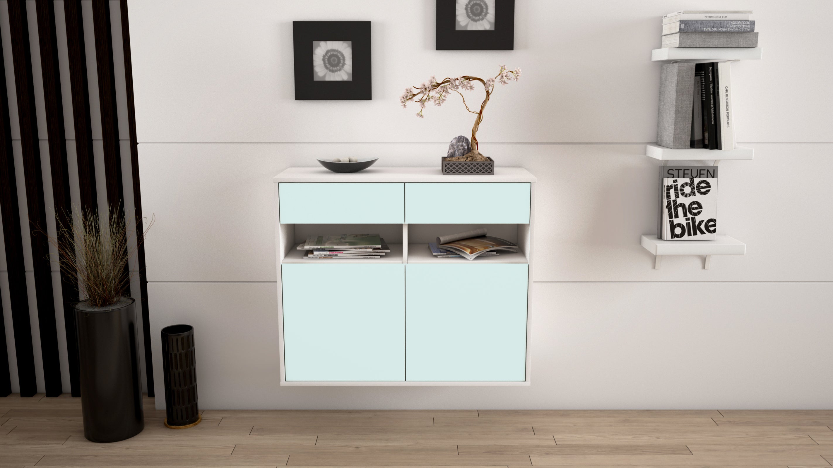 Sideboard - Bruna - Design Farbakzent - Wandmontiert mit Push to open  92 cm Weiss