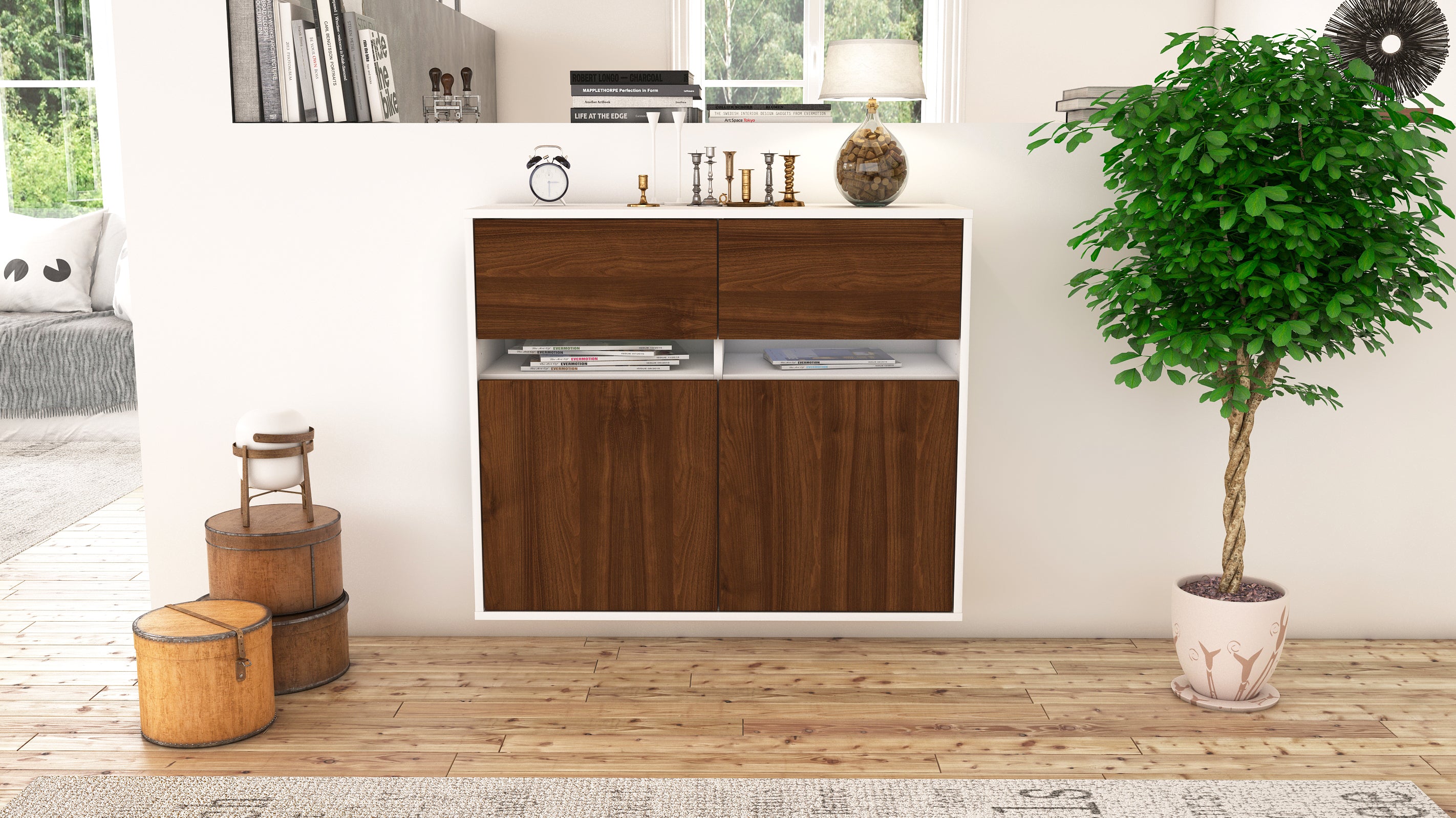 Sideboard - Brunilde - Design Holzdekor - Wandmontiert mit Push to open  92 cm Weiss