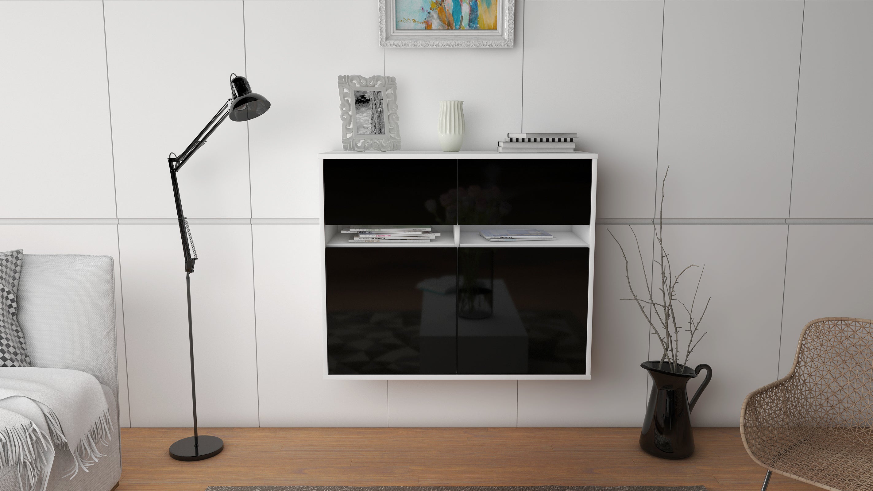 Sideboard - Brunilde - Design Hochglanz - Wandmontiert mit Push to open  92 cm Weiss