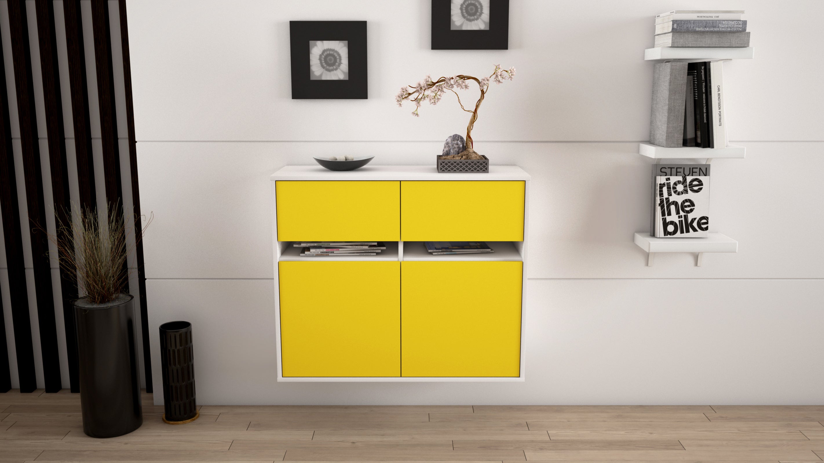 Sideboard - Brunilde - Design Farbakzent - Wandmontiert mit Push to open  92 cm Weiss