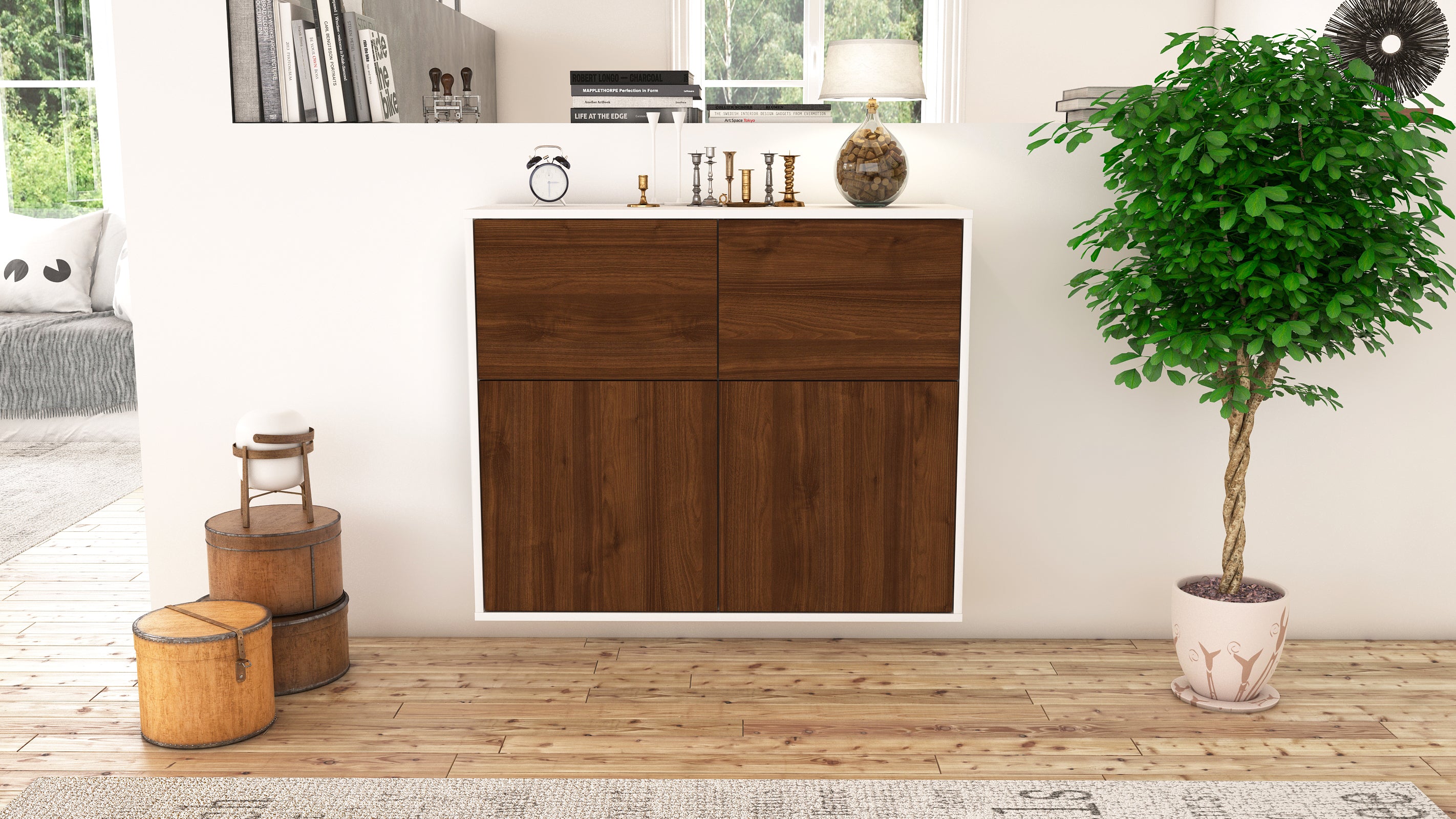 Sideboard - Calliope - Design Holzdekor - Wandmontiert mit Push to open  92 cm Weiss