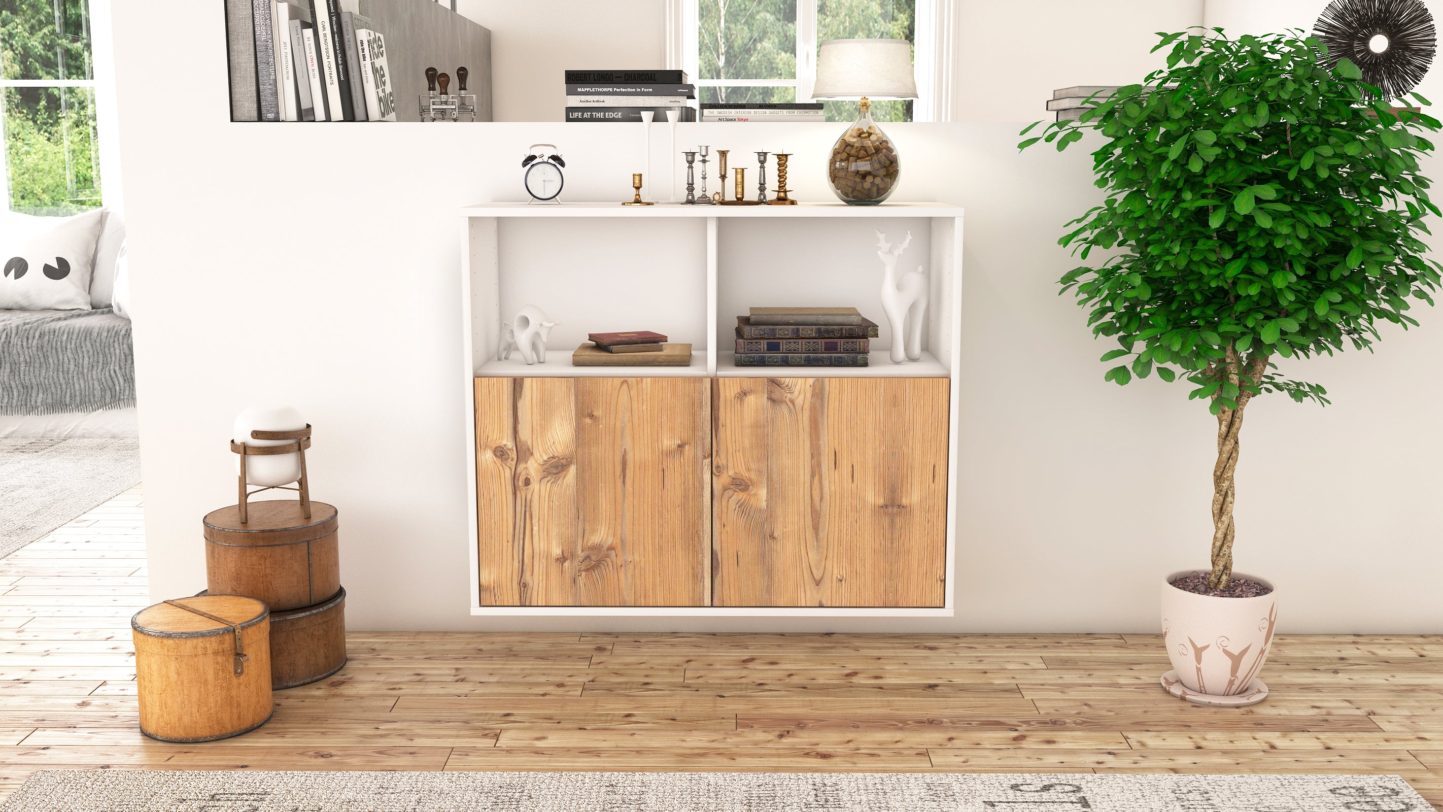 Sideboard - Camilla - Design Holzdekor - Wandmontiert mit Push to open  92 cm Weiss