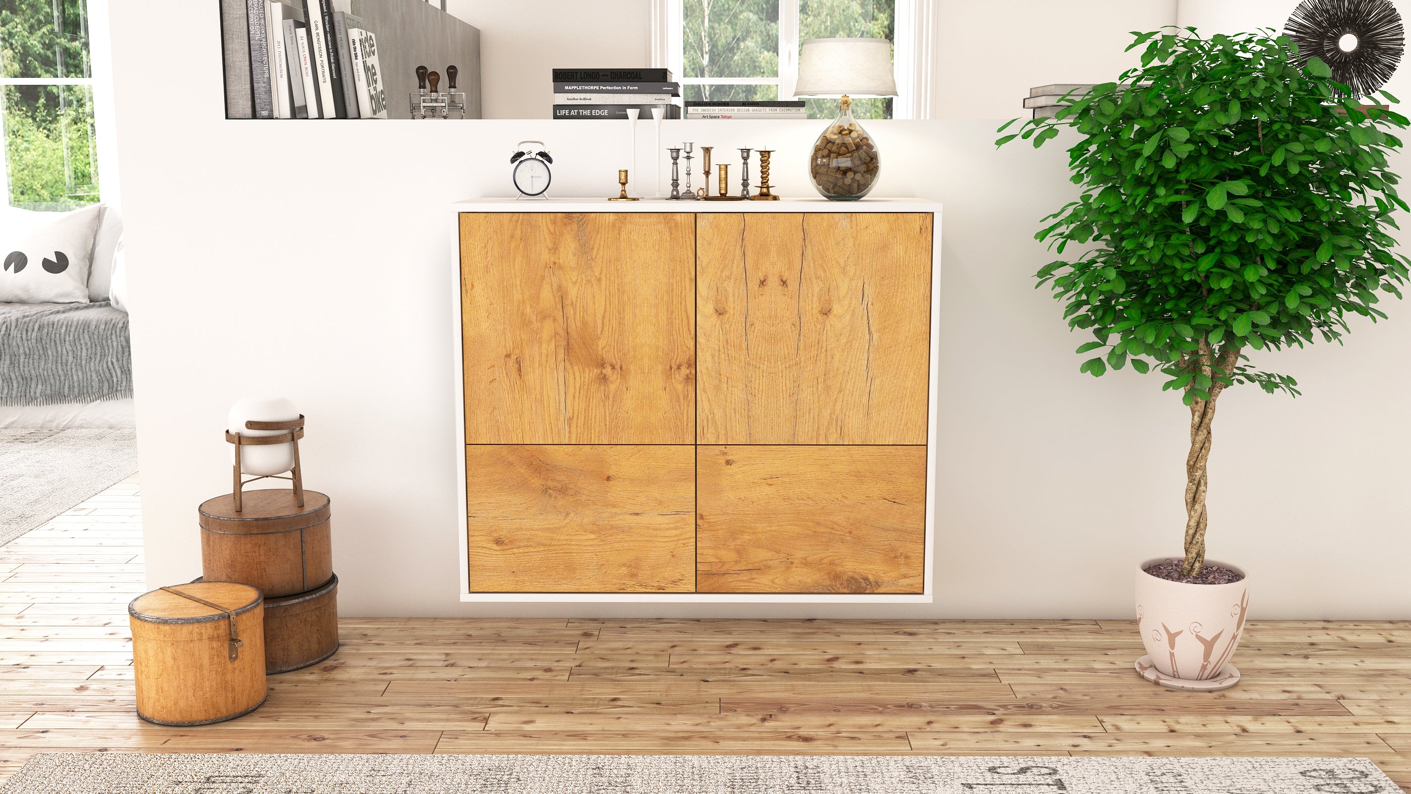 Sideboard - Cara - Design Holzdekor - Wandmontiert mit Push to open  92 cm Weiss