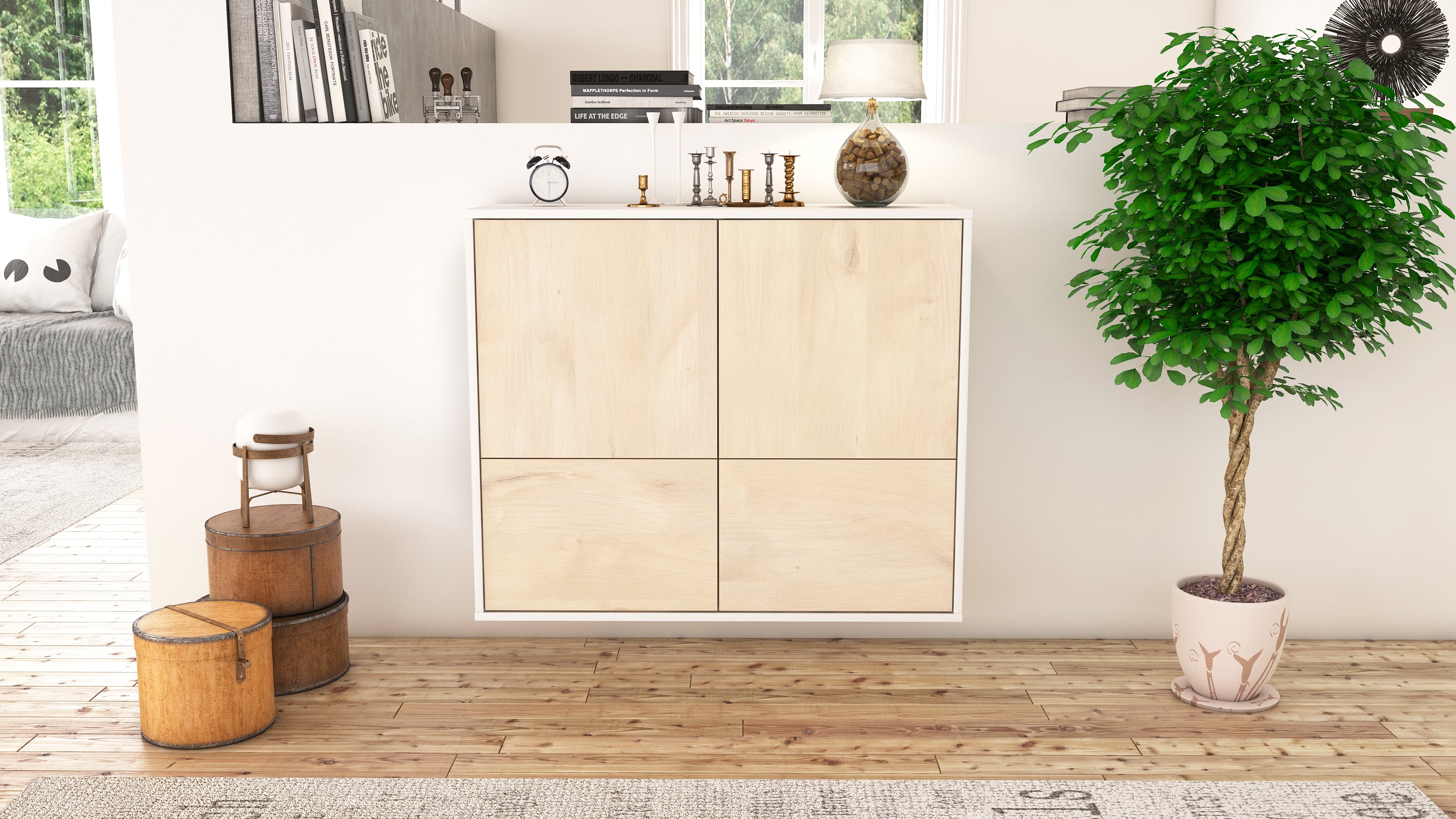 Sideboard - Cara - Design Holzdekor - Wandmontiert mit Push to open  92 cm Weiss