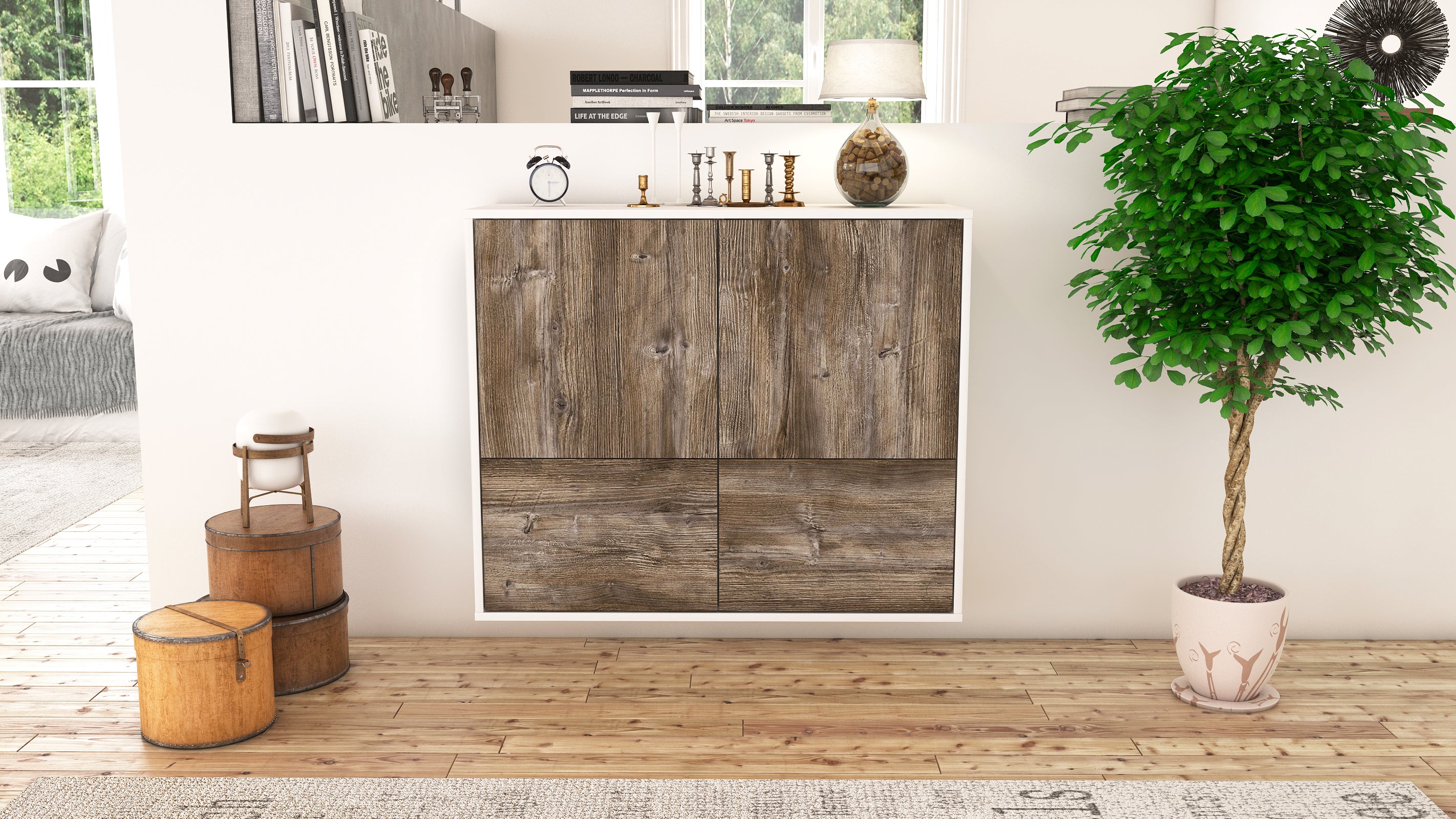 Sideboard - Cara - Design Holzdekor - Wandmontiert mit Push to open  92 cm Weiss