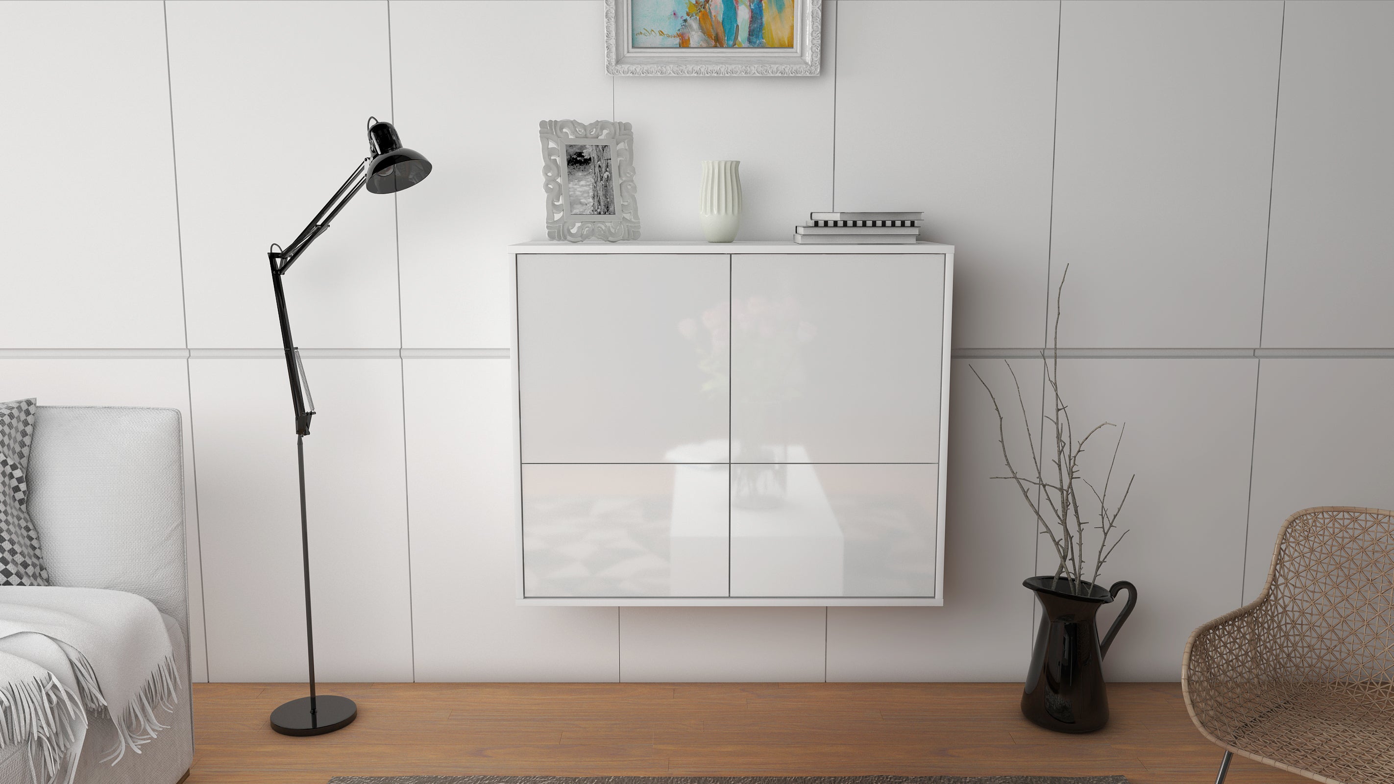 Sideboard - Cara - Design Hochglanz - Wandmontiert mit Push to open  92 cm Weiss