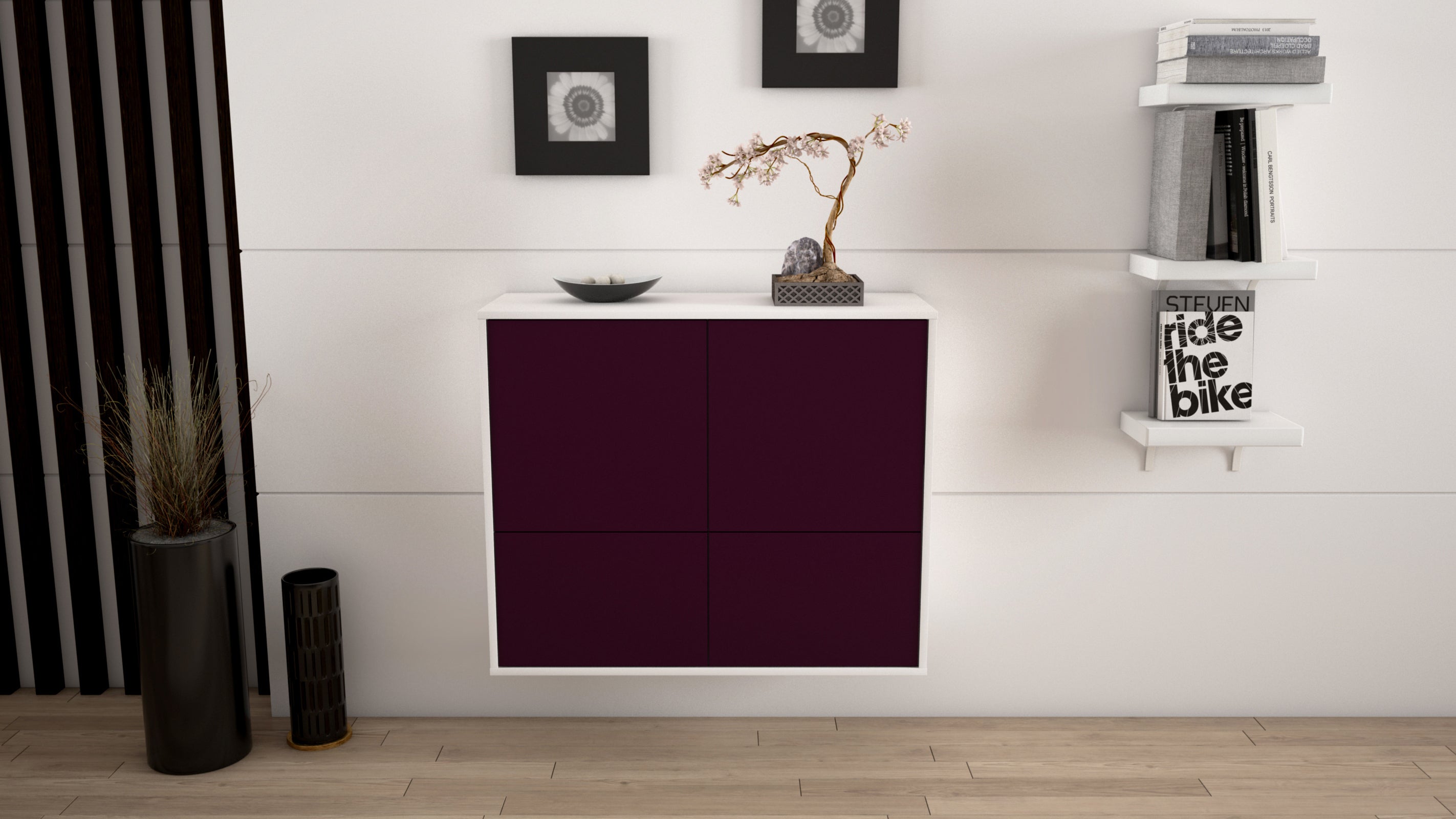 Sideboard - Cara - Design Farbakzent - Wandmontiert mit Push to open  92 cm Weiss