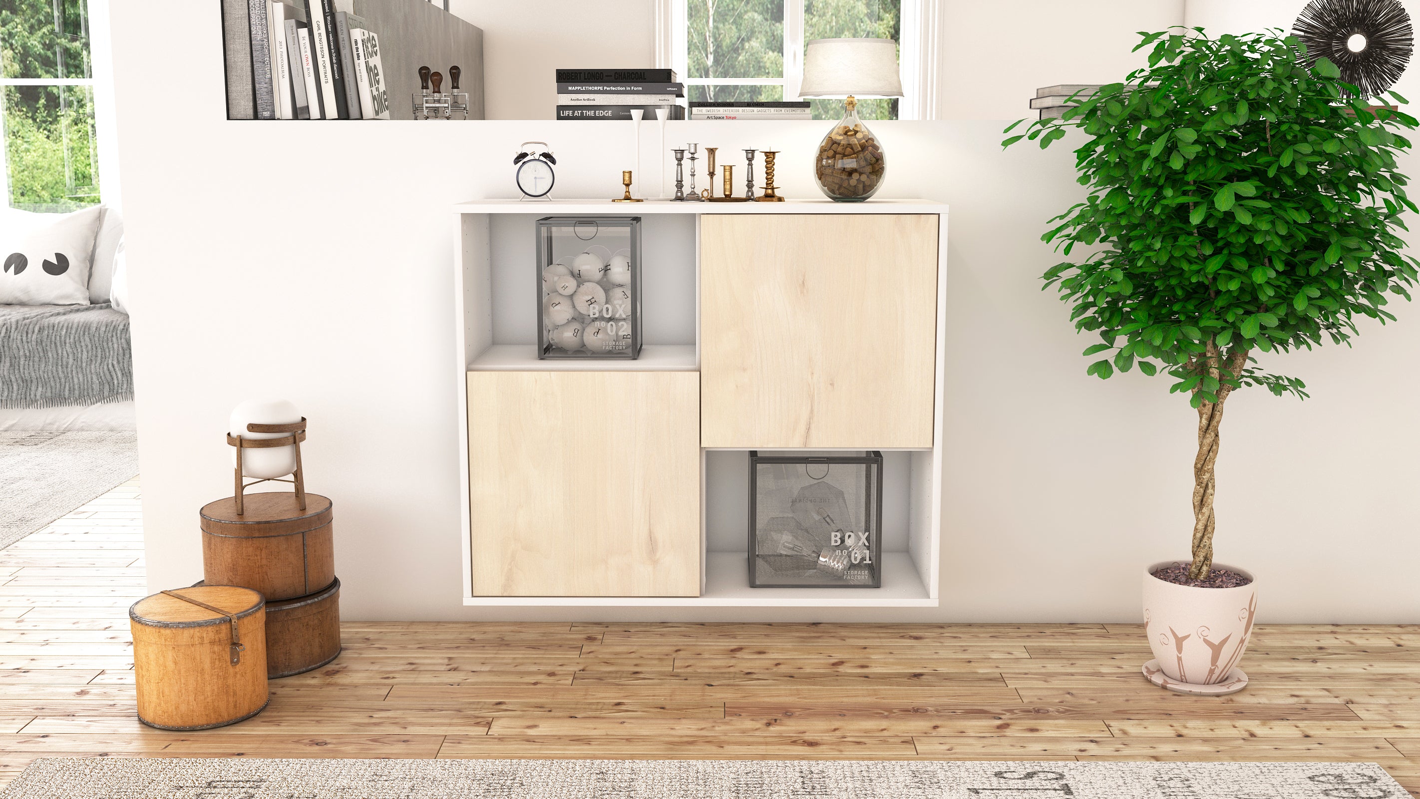 Sideboard - Caralina - Design Holzdekor - Wandmontiert mit Push to open  92 cm Weiss