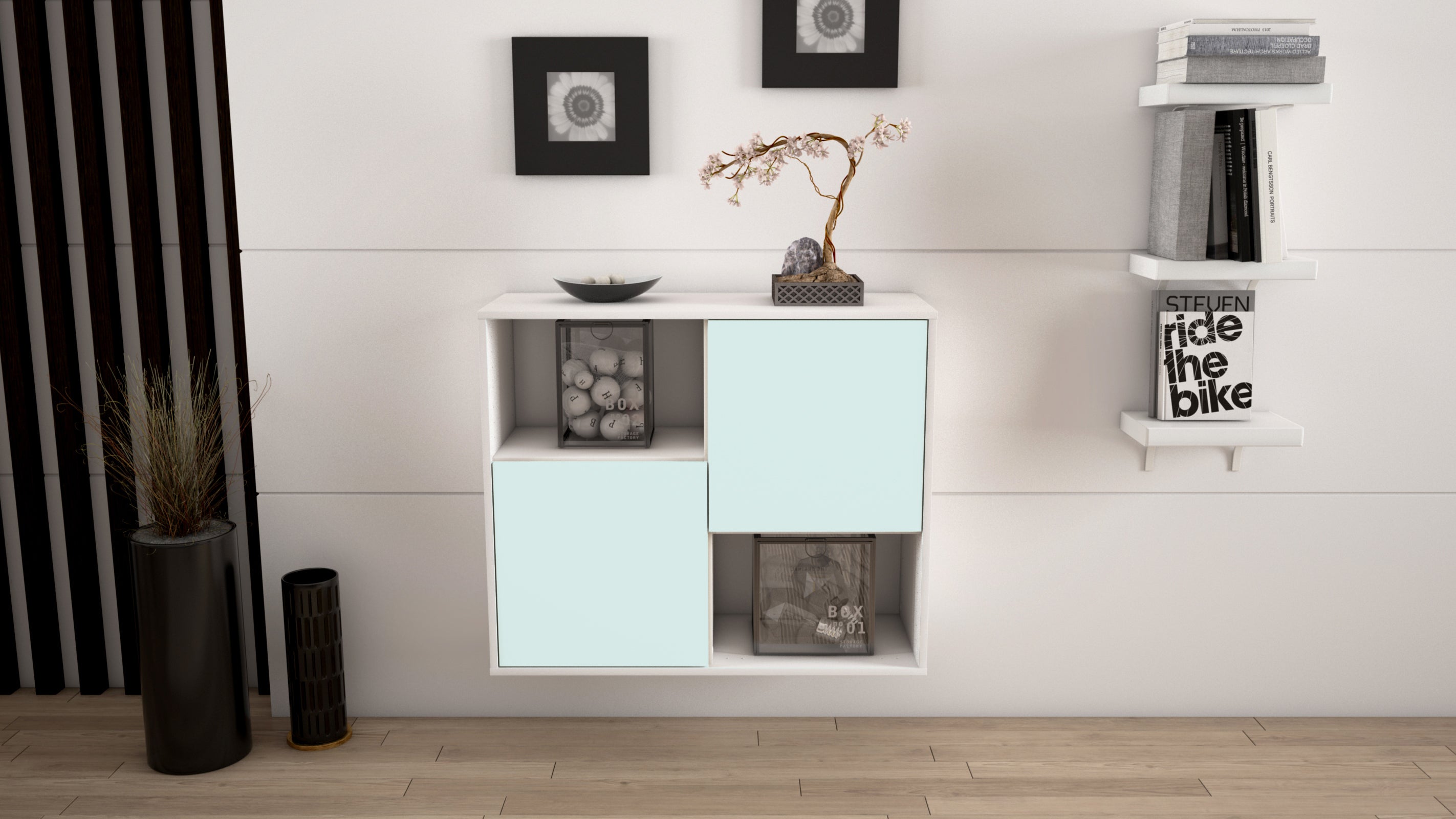 Sideboard - Caralina - Design Farbakzent - Wandmontiert mit Push to open  92 cm Weiss