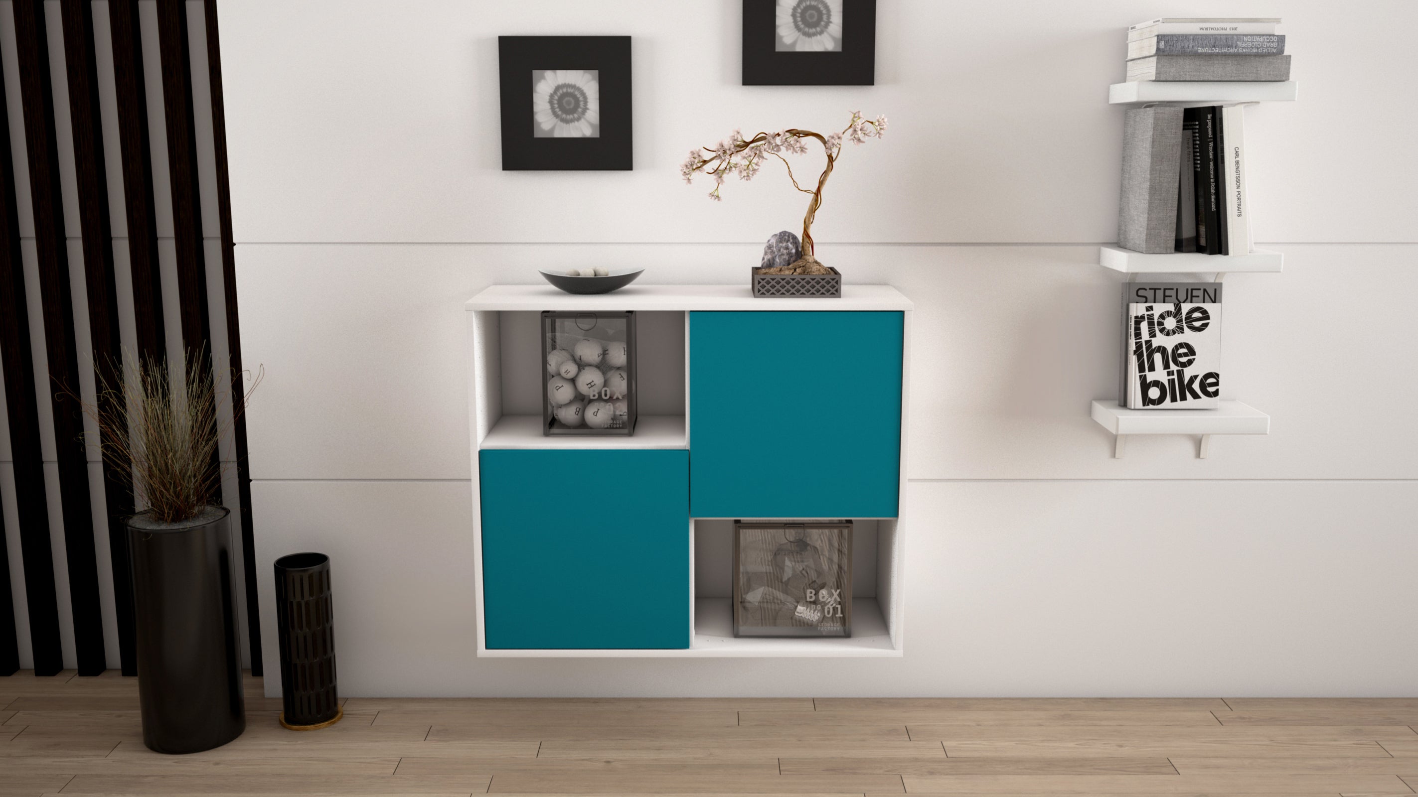 Sideboard - Caralina - Design Farbakzent - Wandmontiert mit Push to open  92 cm Weiss