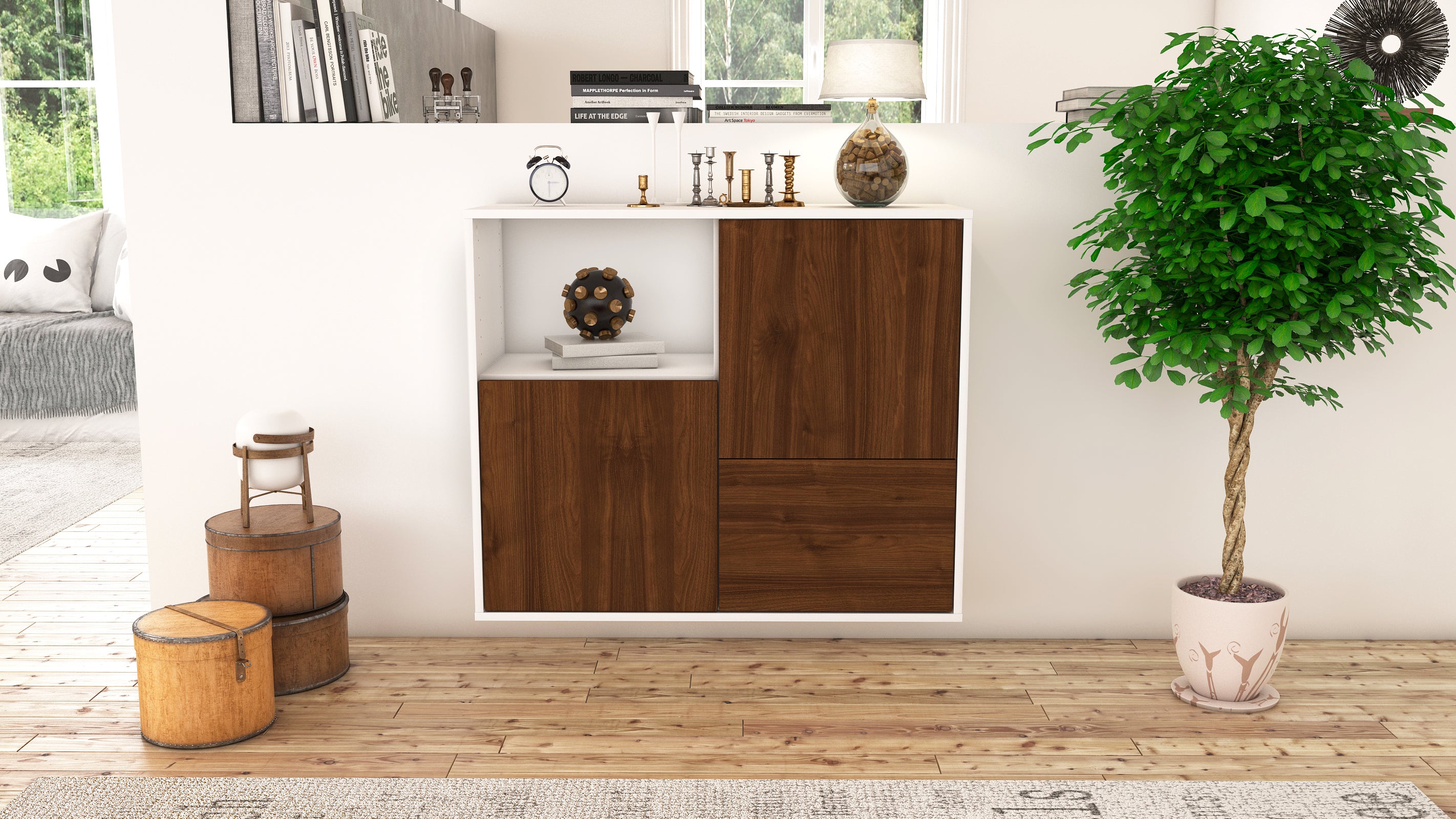 Sideboard - Carina - Design Holzdekor - Wandmontiert mit Push to open  92 cm Weiss