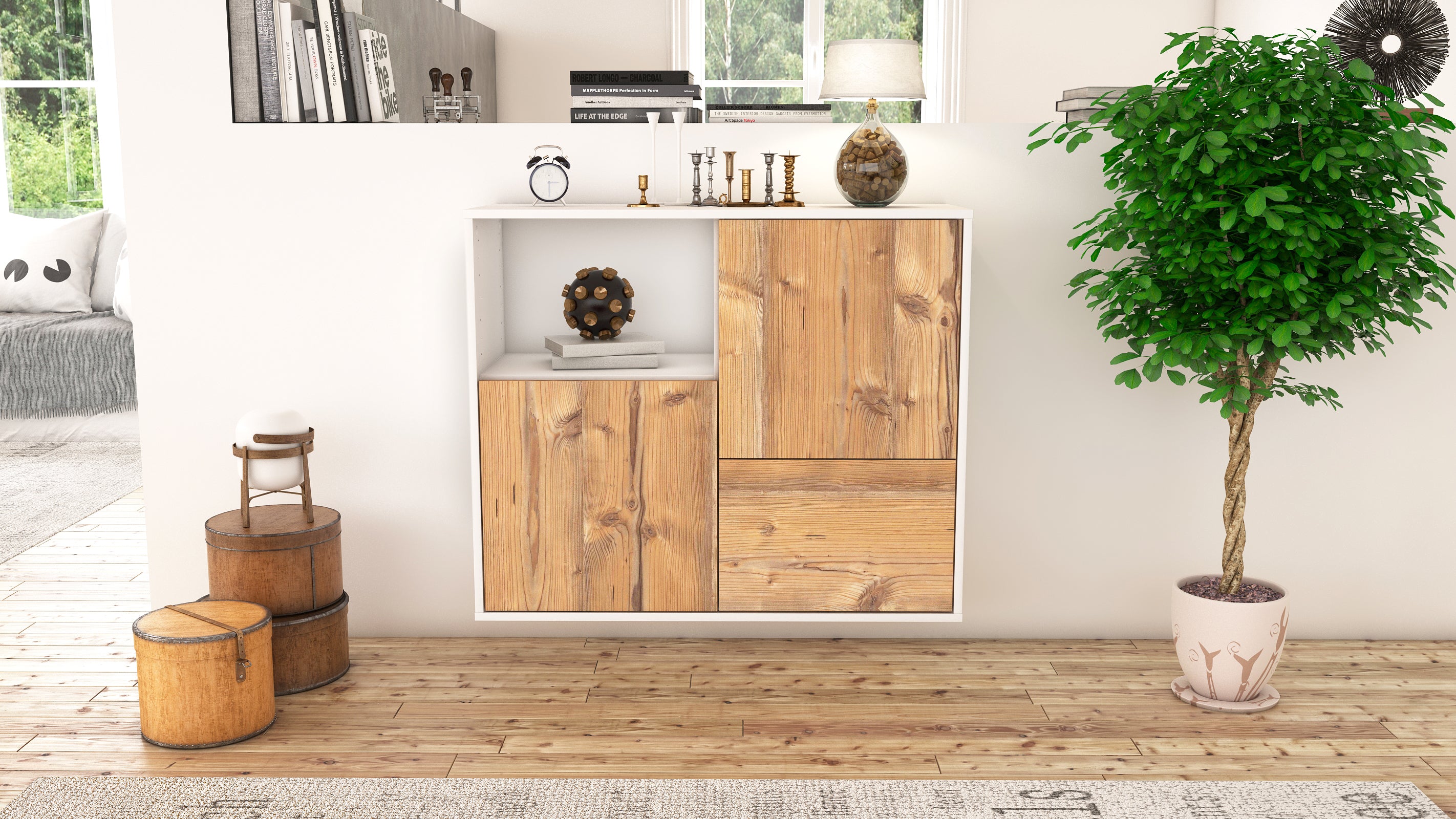 Sideboard - Carina - Design Holzdekor - Wandmontiert mit Push to open  92 cm Weiss