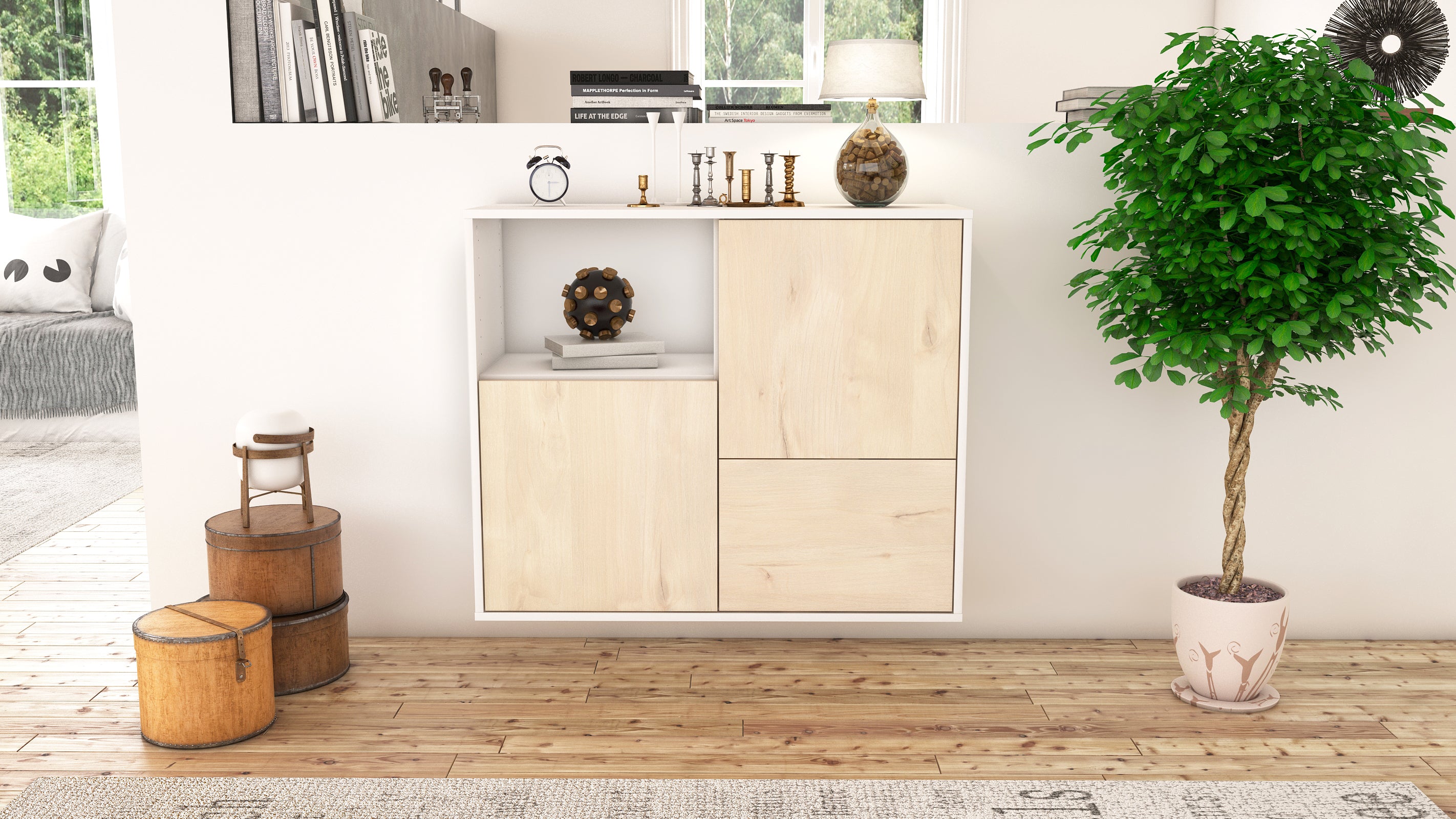 Sideboard - Carina - Design Holzdekor - Wandmontiert mit Push to open  92 cm Weiss