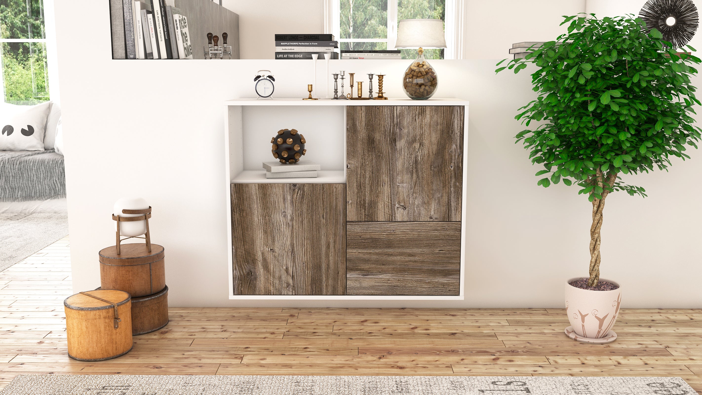 Sideboard - Carina - Design Holzdekor - Wandmontiert mit Push to open  92 cm Weiss