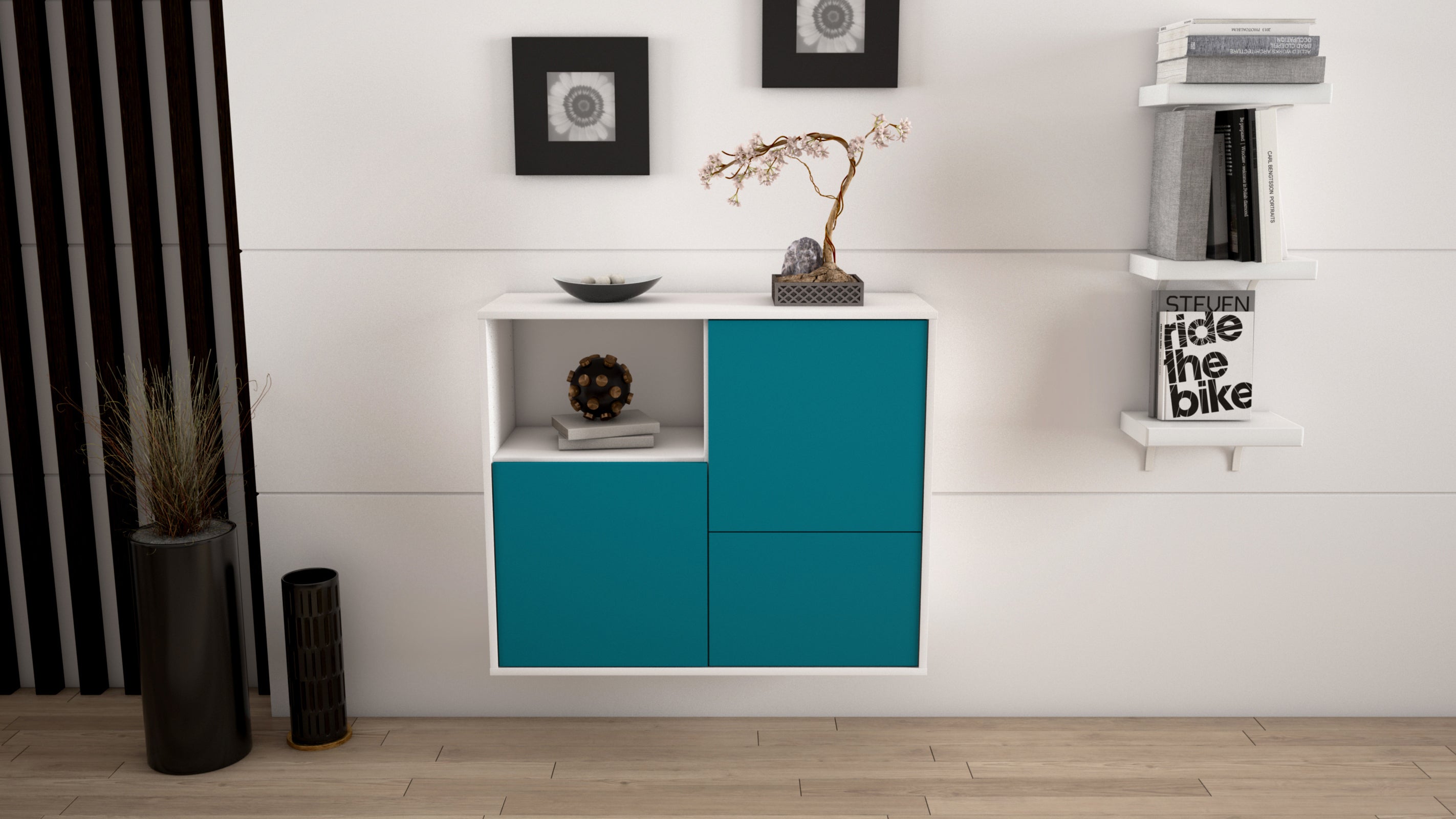 Sideboard - Carina - Design Farbakzent - Wandmontiert mit Push to open  92 cm Weiss