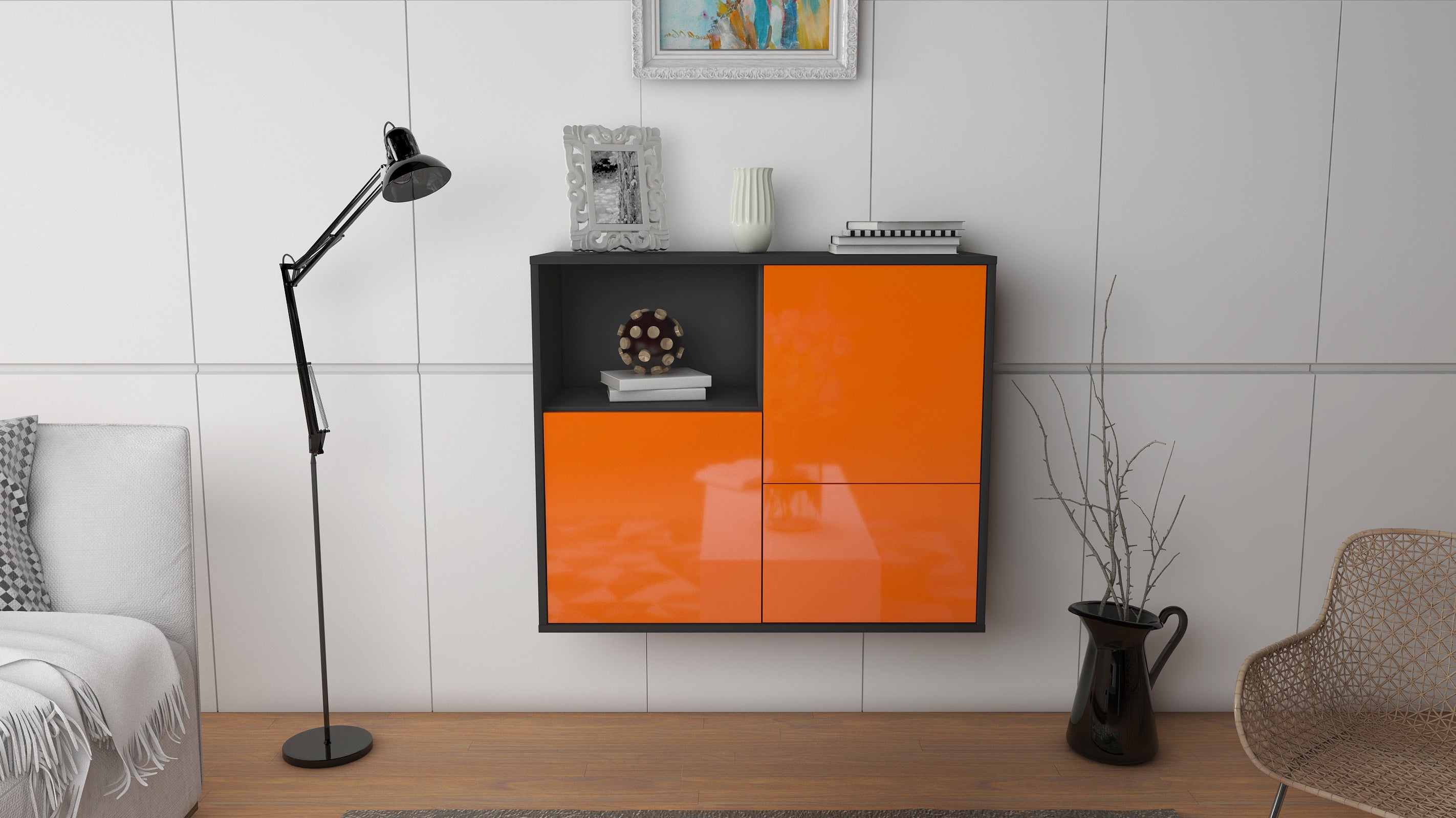 Sideboard - Carina - Design Hochglanz - Wandmontiert mit Push to open  92 cm Anthrazit