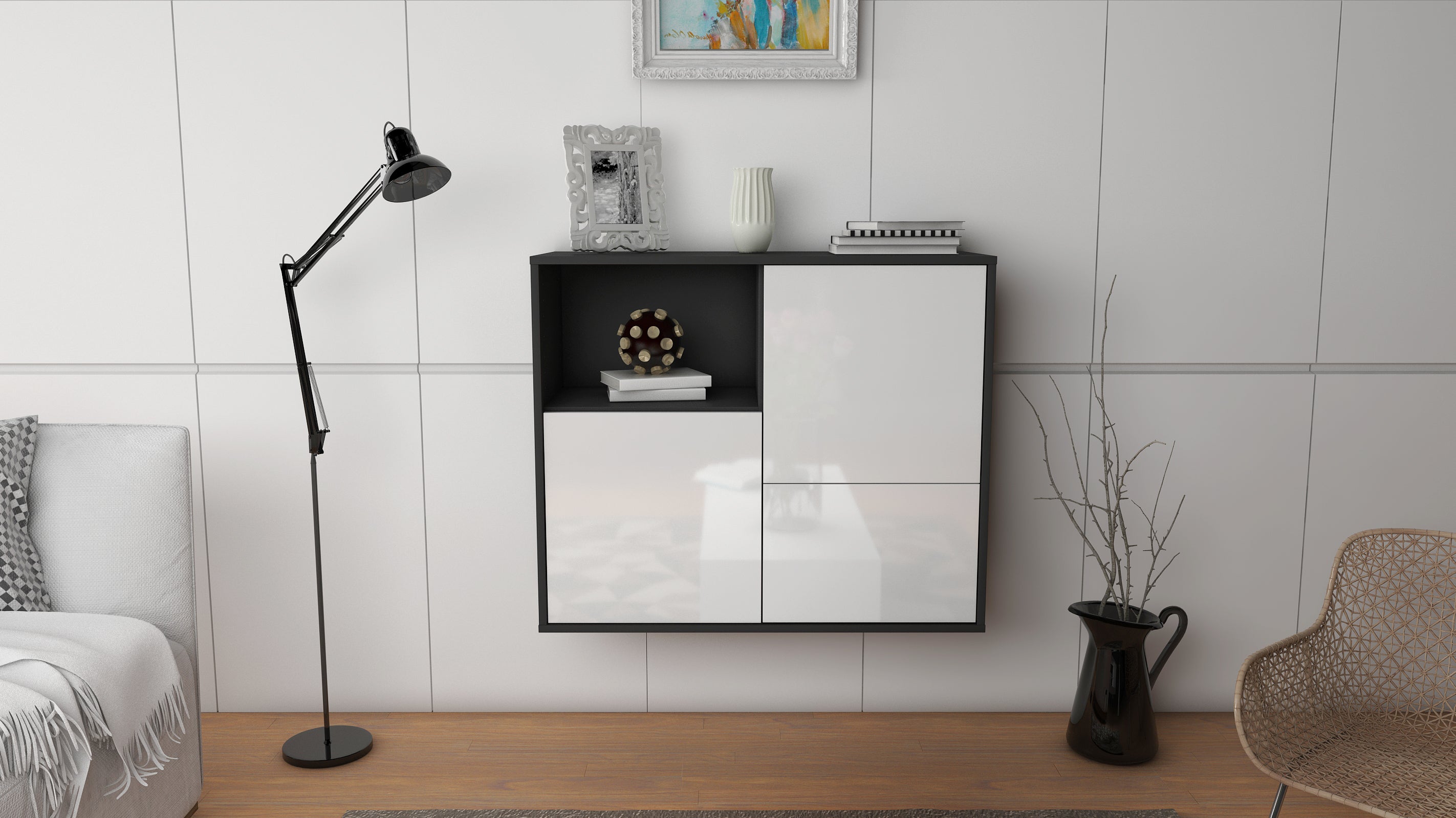 Sideboard - Carina - Design Hochglanz - Wandmontiert mit Push to open  92 cm Anthrazit