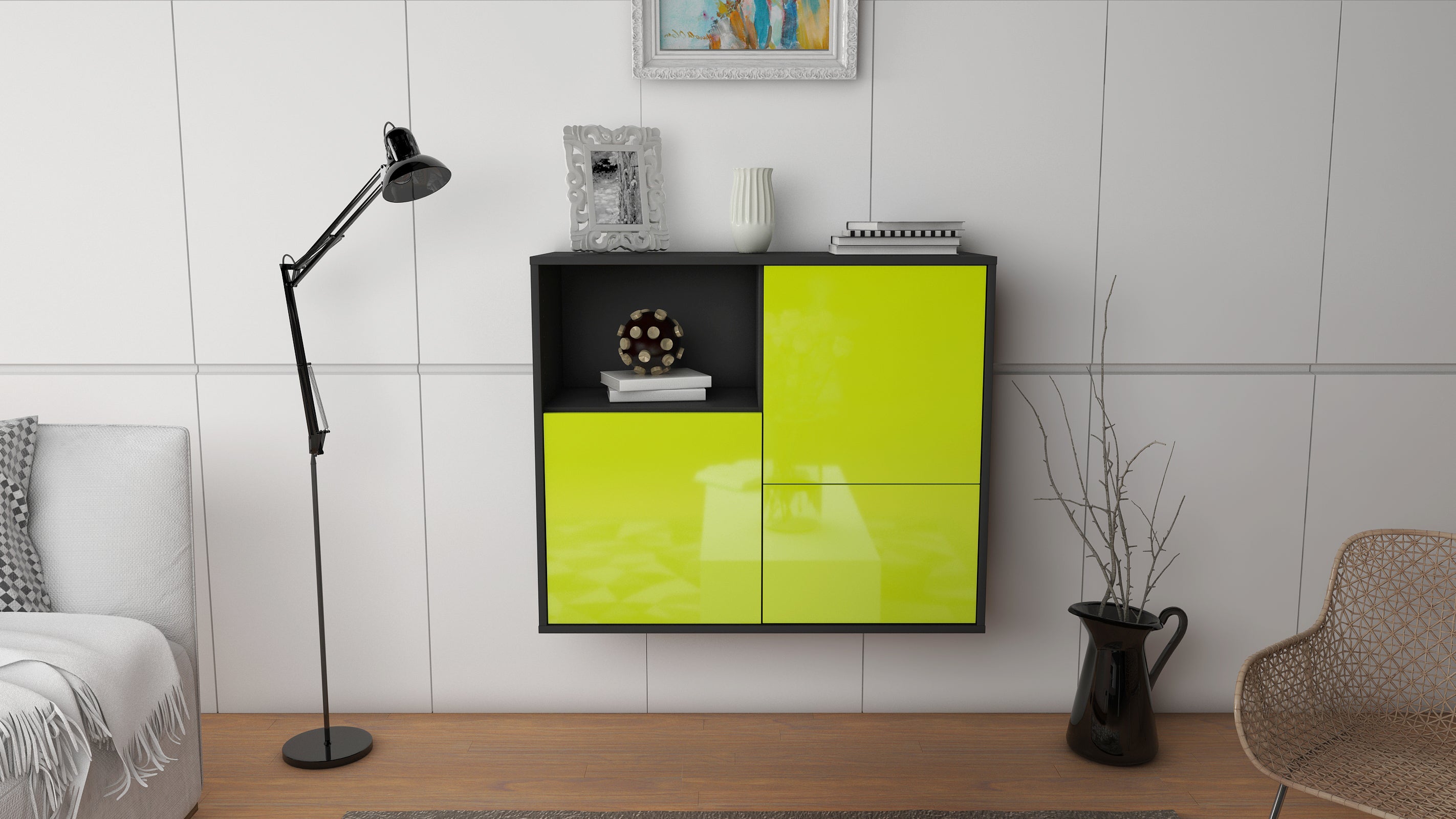Sideboard - Carina - Design Hochglanz - Wandmontiert mit Push to open  92 cm Anthrazit