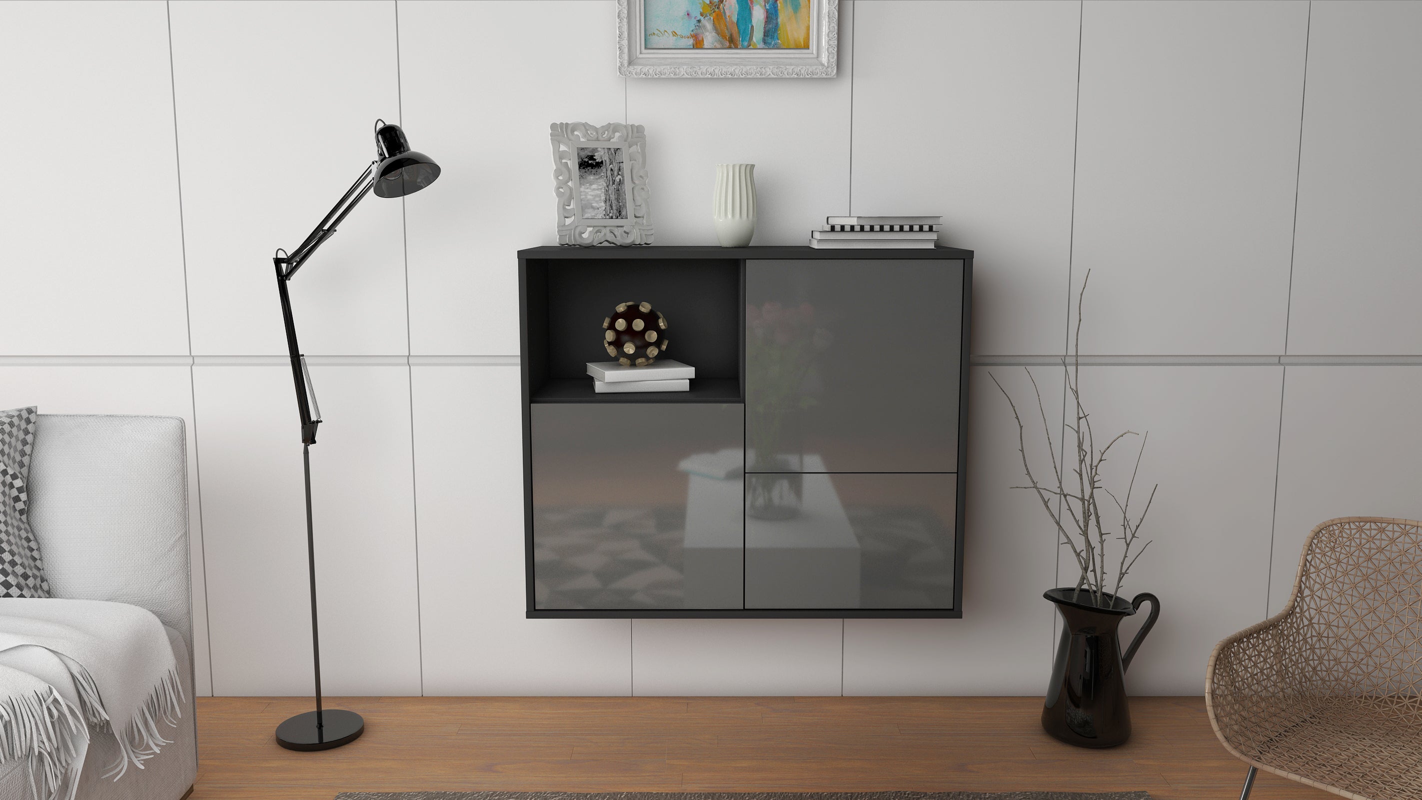Sideboard - Carina - Design Hochglanz - Wandmontiert mit Push to open  92 cm Anthrazit