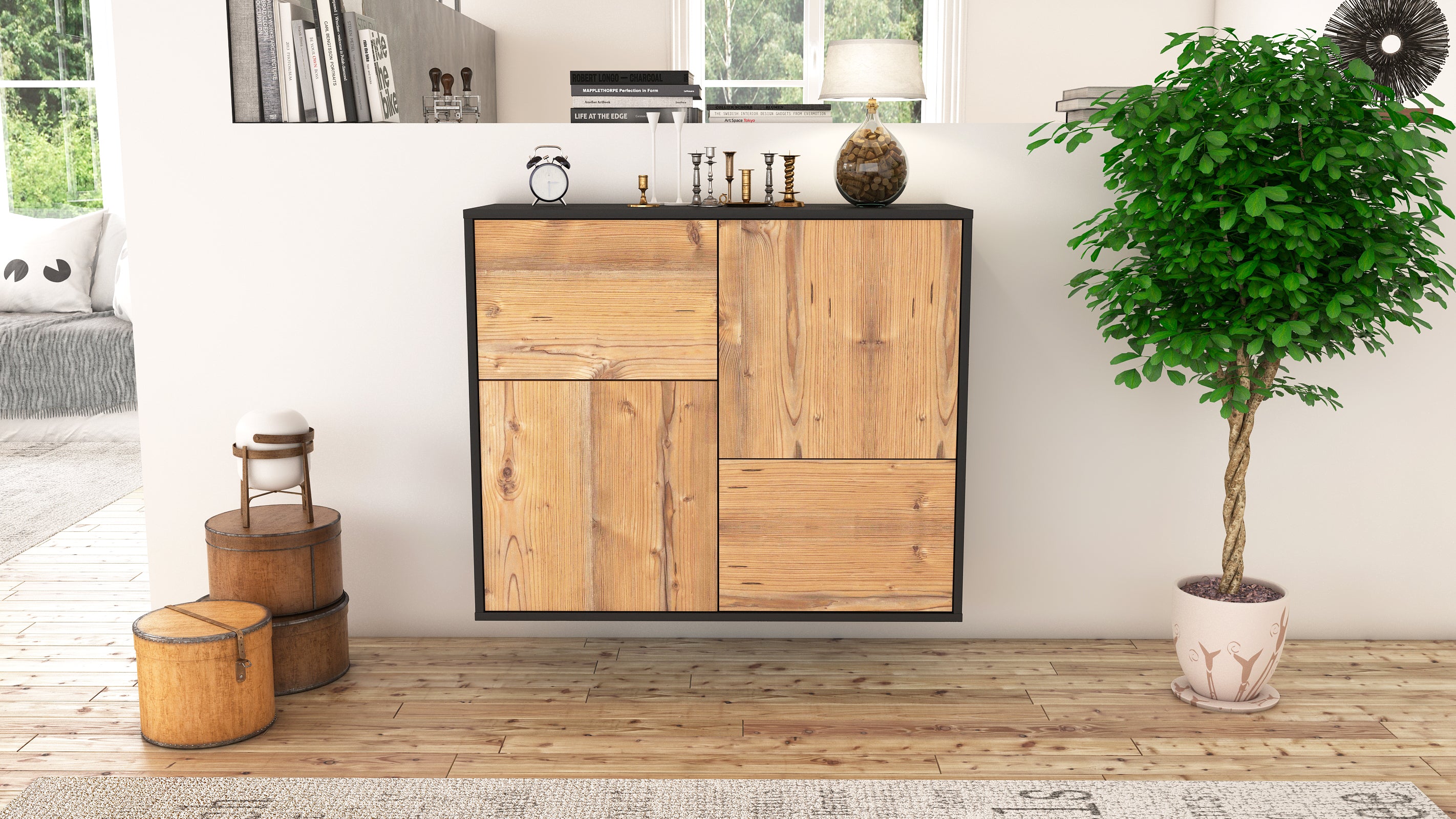 Sideboard - Carla - Design Holzdekor - Wandmontiert mit Push to open  92 cm Anthrazit