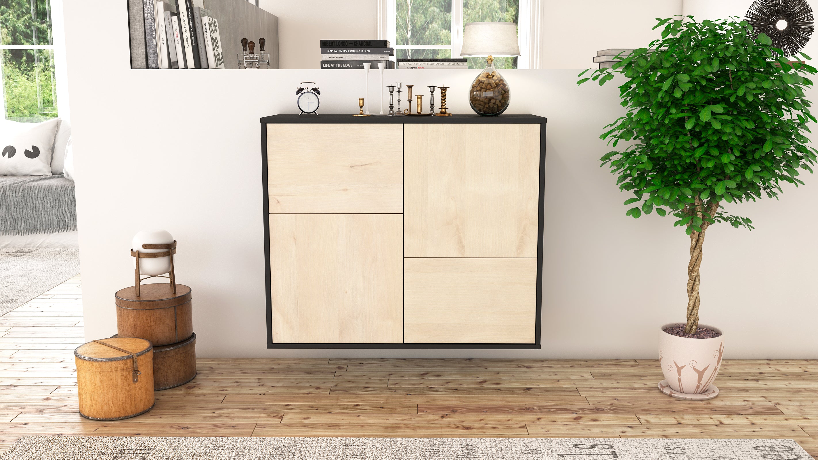 Sideboard - Carla - Design Holzdekor - Wandmontiert mit Push to open  92 cm Anthrazit