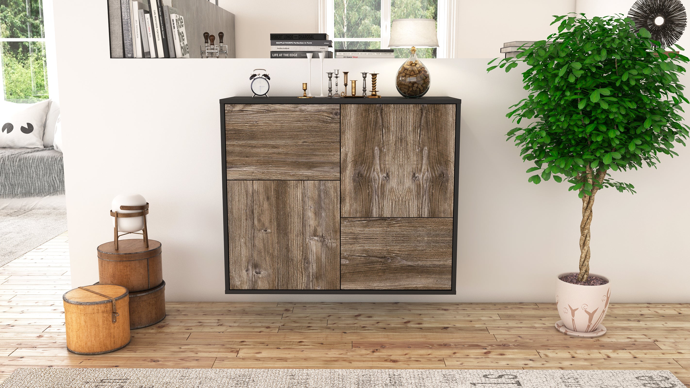 Sideboard - Carla - Design Holzdekor - Wandmontiert mit Push to open  92 cm Anthrazit