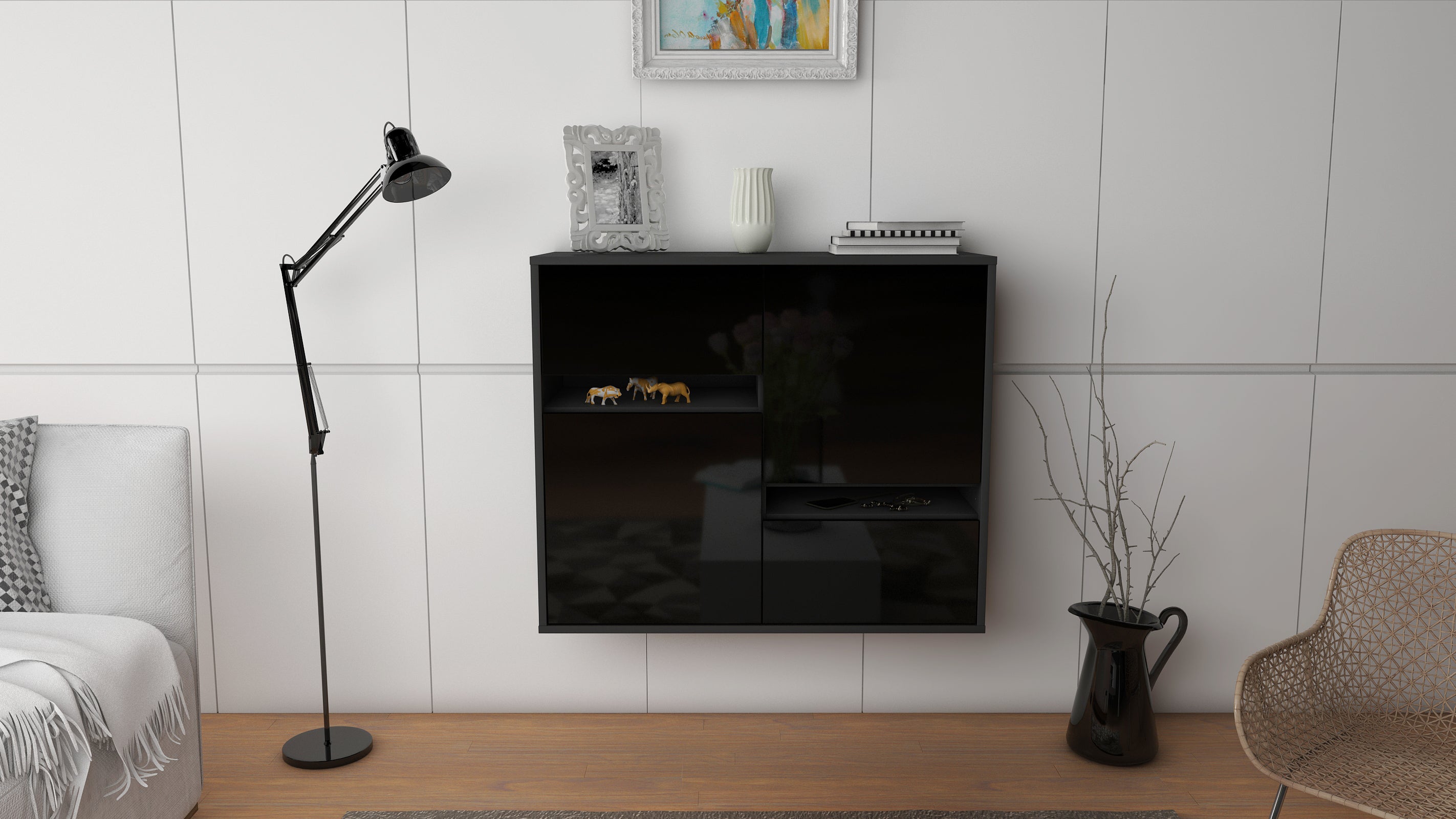 Sideboard - Carlotta - Design Hochglanz - Wandmontiert mit Push to open  92 cm Anthrazit