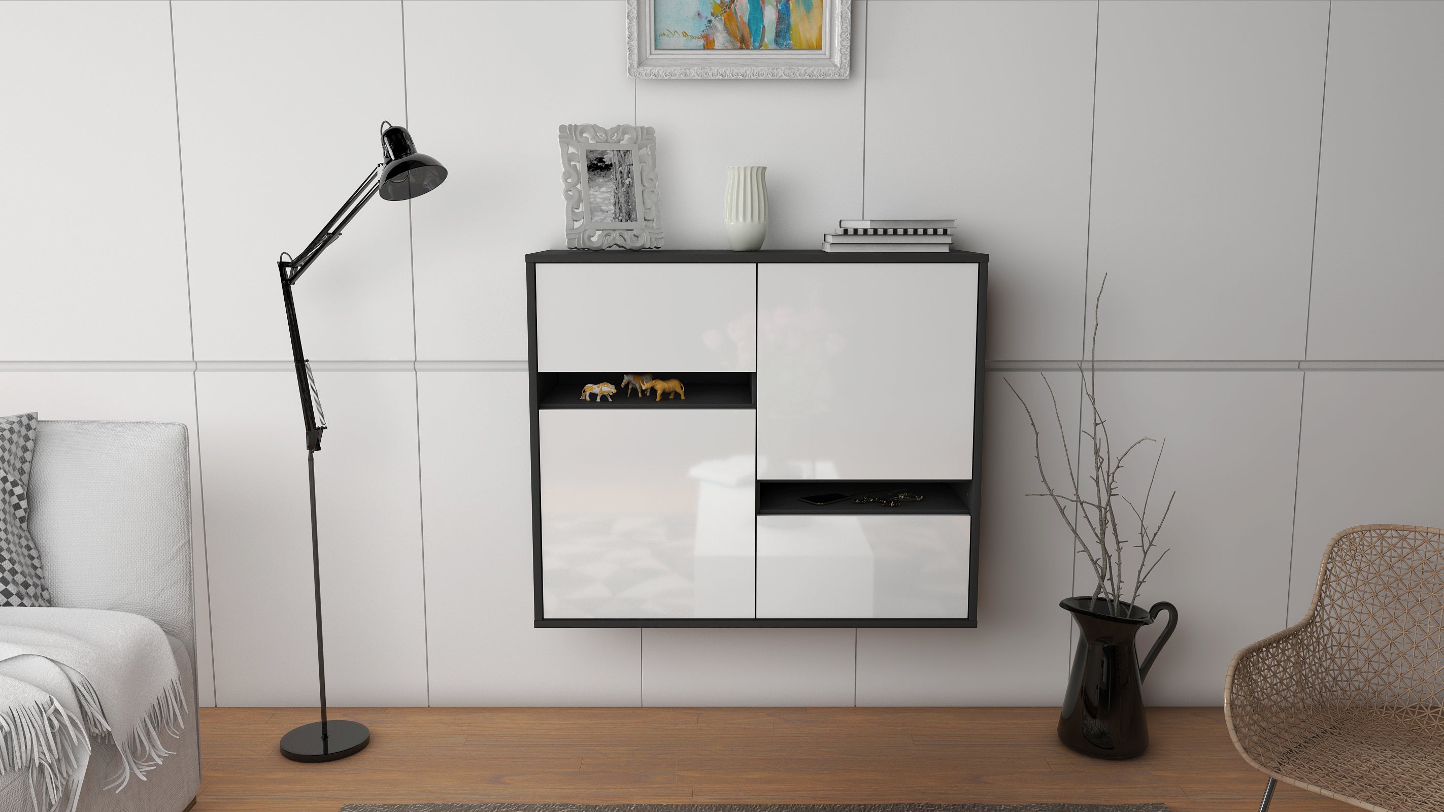 Sideboard - Carlotta - Design Hochglanz - Wandmontiert mit Push to open  92 cm Anthrazit