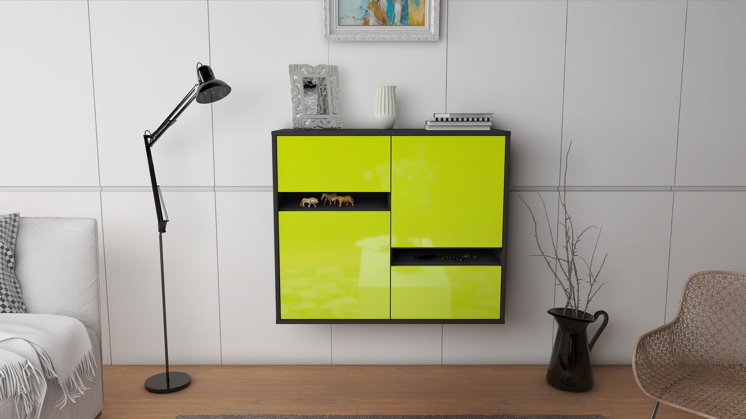 Sideboard - Carlotta - Design Hochglanz - Wandmontiert mit Push to open  92 cm Anthrazit