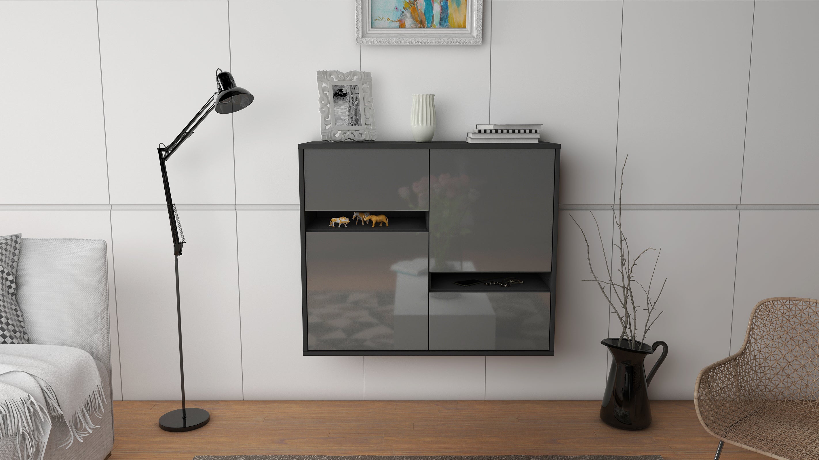 Sideboard - Carlotta - Design Hochglanz - Wandmontiert mit Push to open  92 cm Anthrazit
